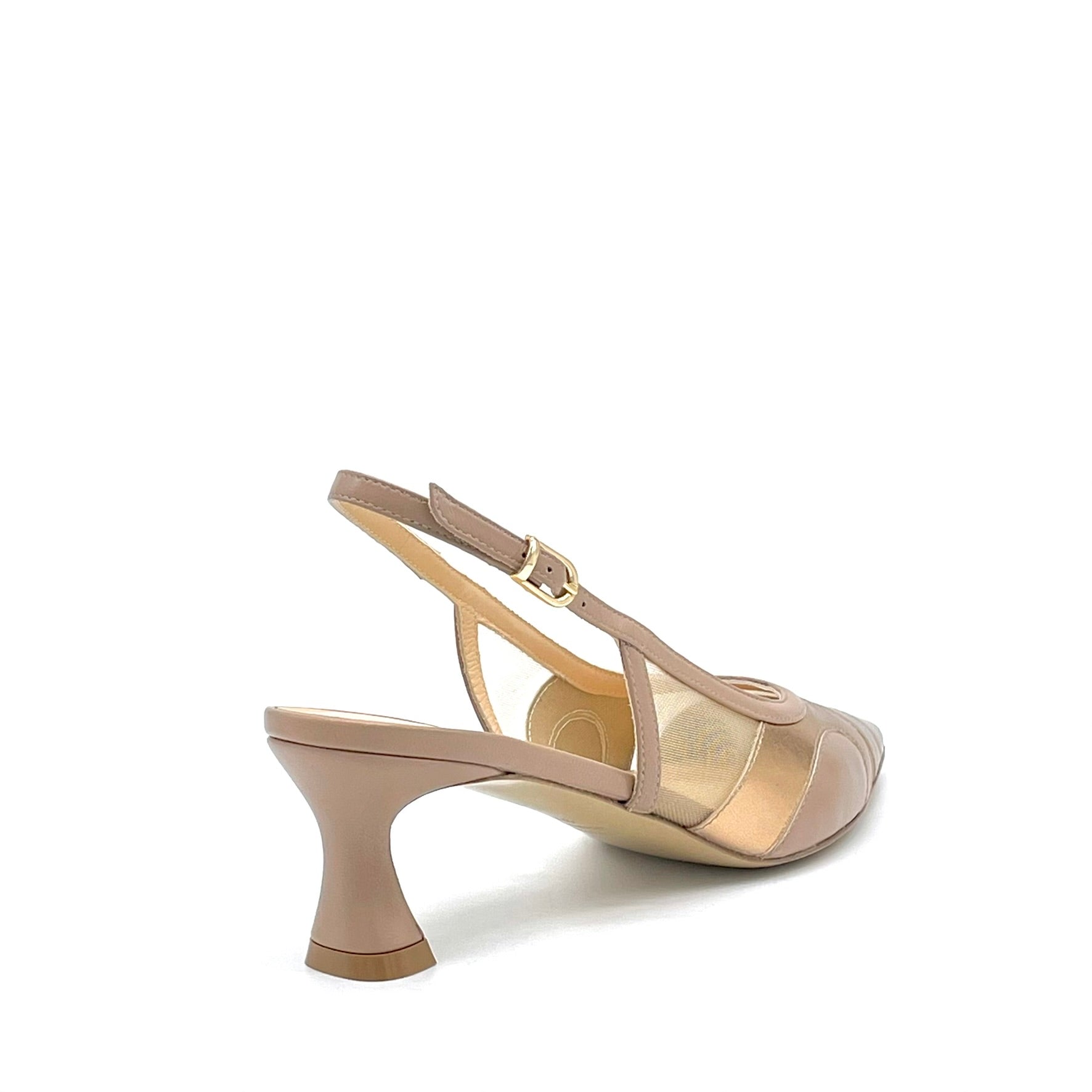Slingback in pelle color cannella e pelle laminata rame con inserti in rete – Cod.16145