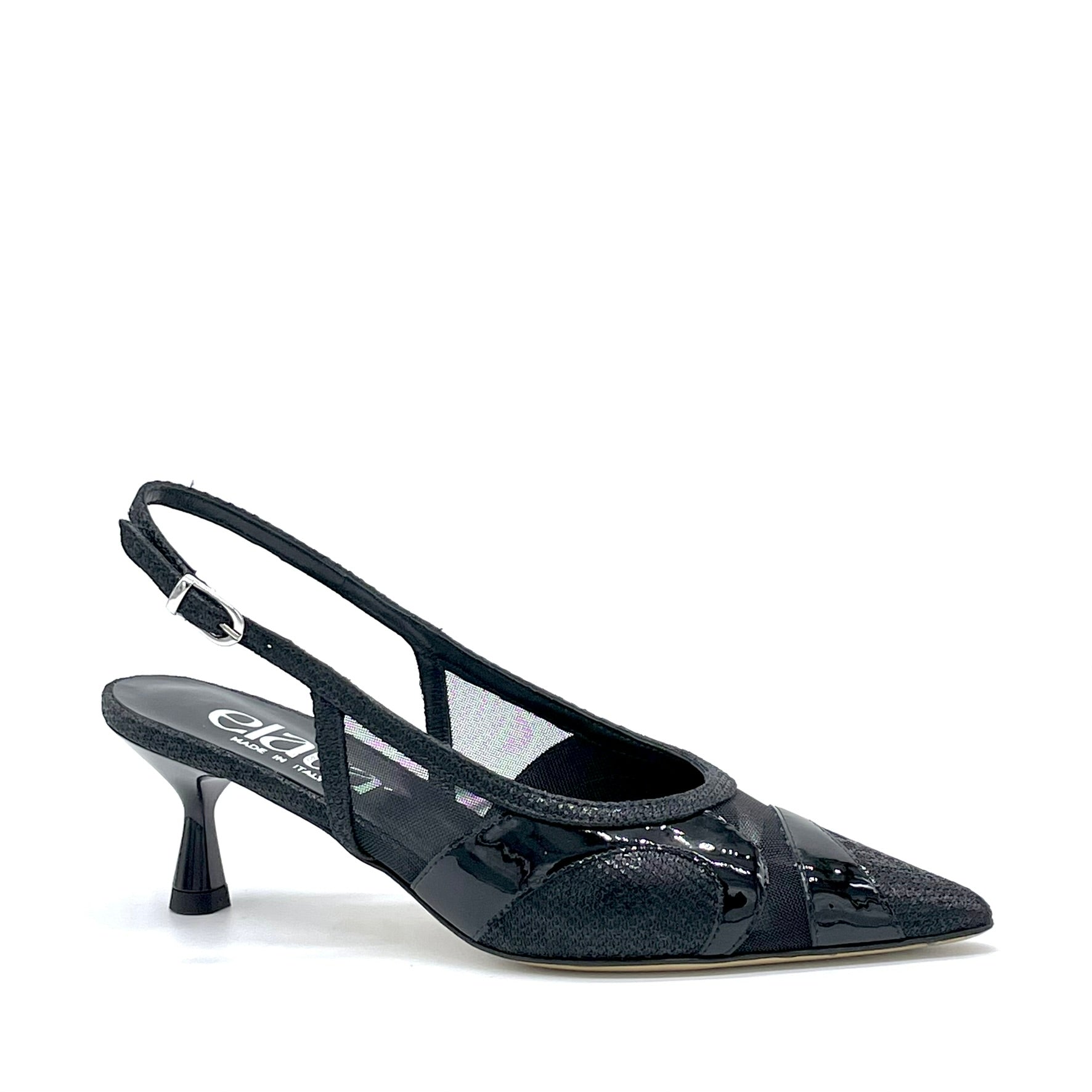 Black laminated fabric and patent slingback with mesh inserts – Cod.16145-1