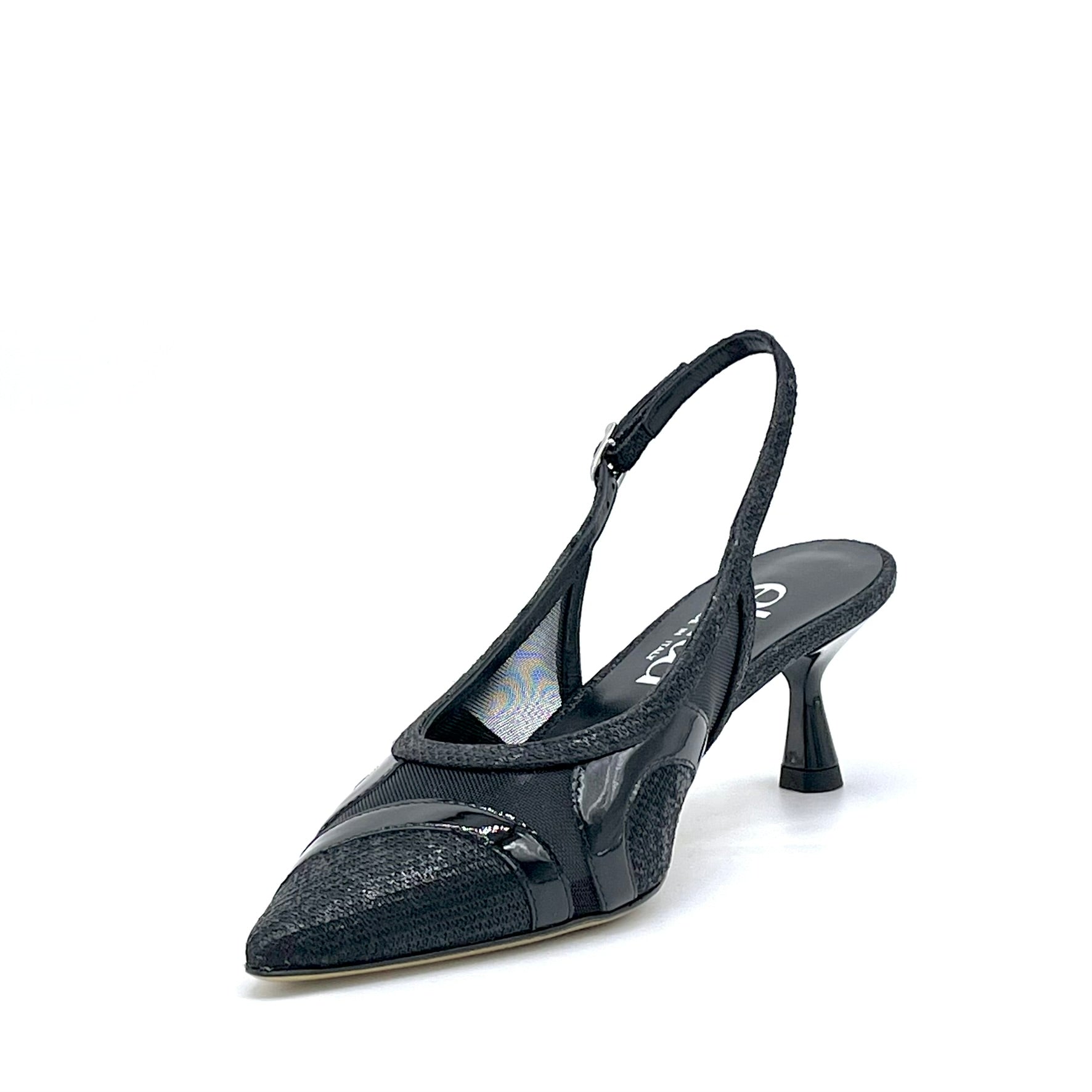 Black laminated fabric and patent slingback with mesh inserts – Cod.16145-1