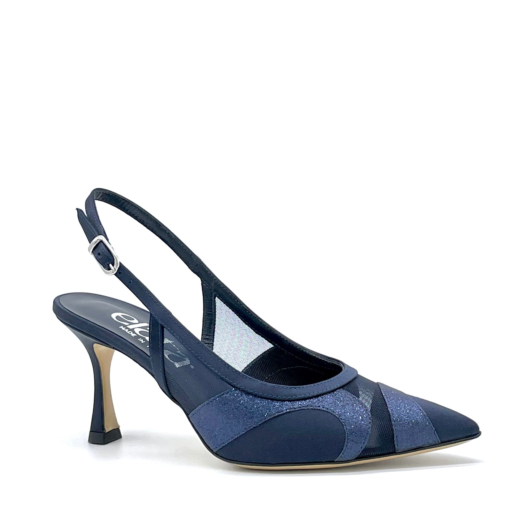 Slingback in raso di seta e tessuto glitter blu con inserti in rete – Cod.16146