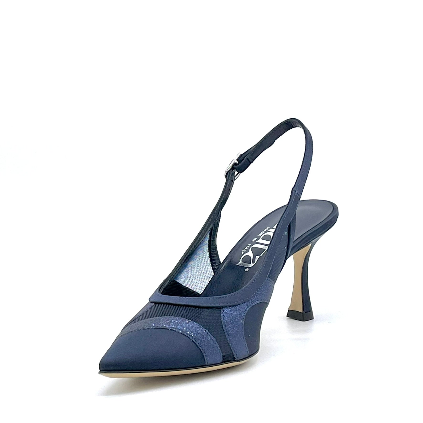 Slingback in raso di seta e tessuto glitter blu con inserti in rete – Cod.16146