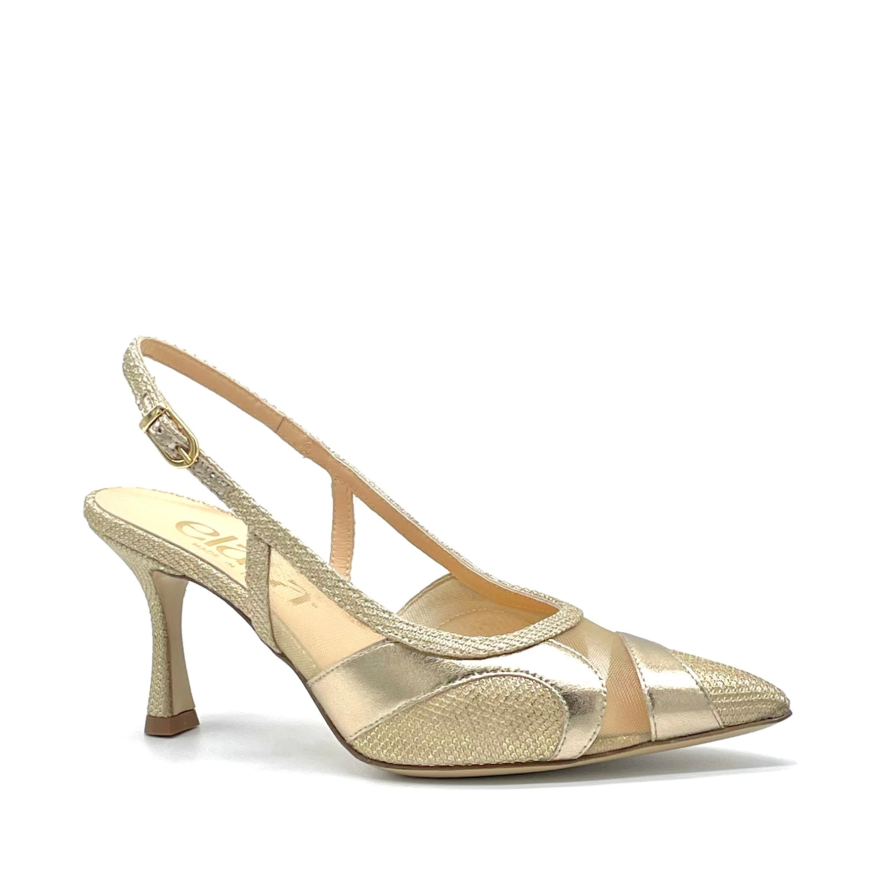 Slingback in tessuto laminato e pelle laminata oro con inserti in rete – Cod.16146-1