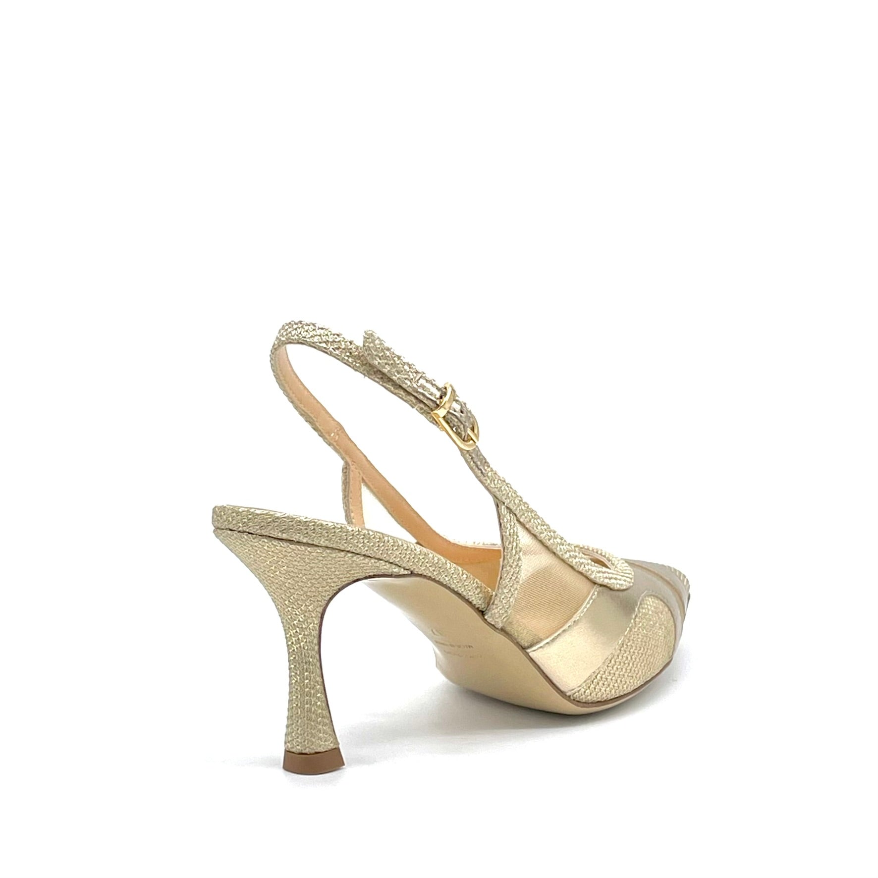 Slingback in tessuto laminato e pelle laminata oro con inserti in rete – Cod.16146-1
