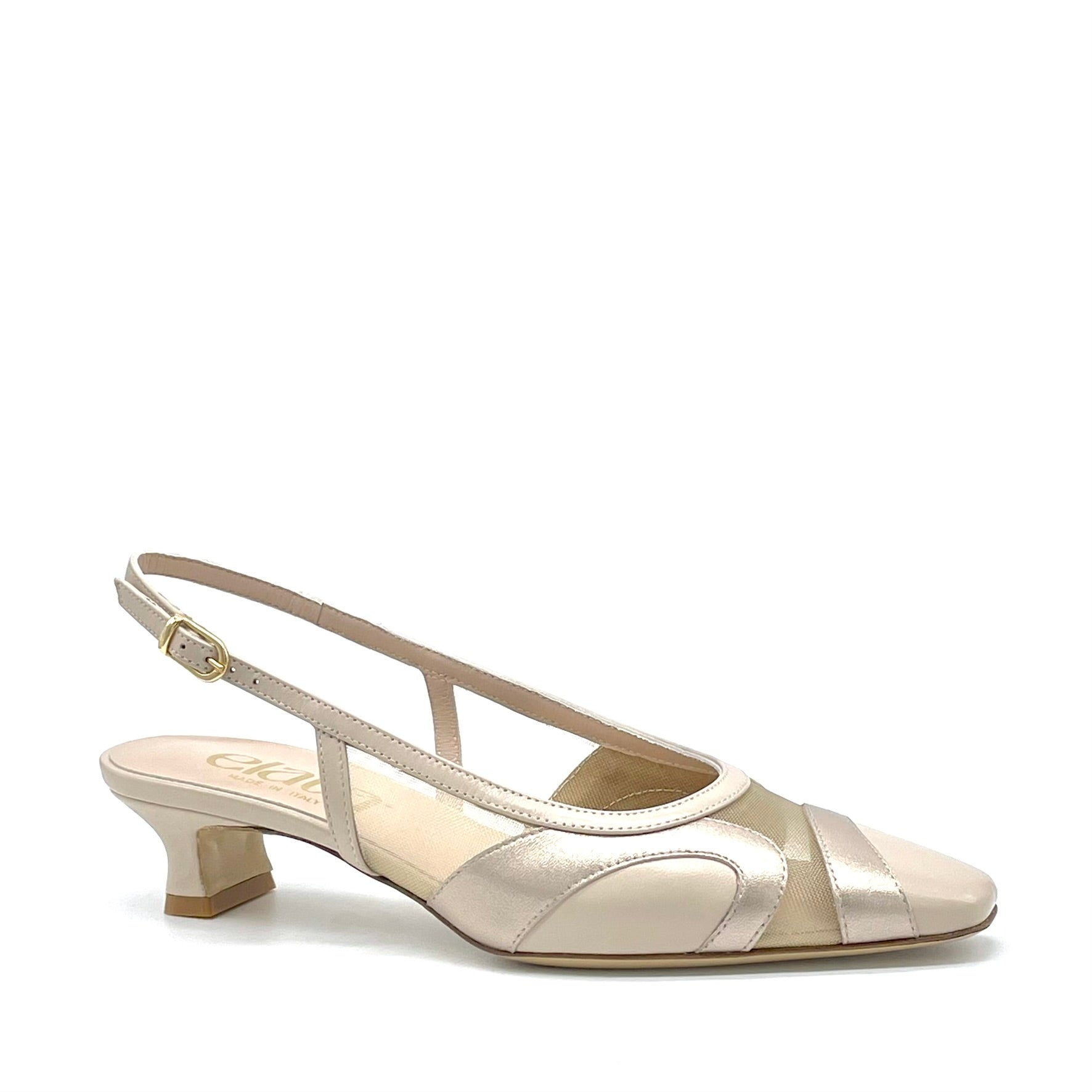 Slingback in pelle color sabbia e pelle laminata champagne con inserti in rete – Cod.16163