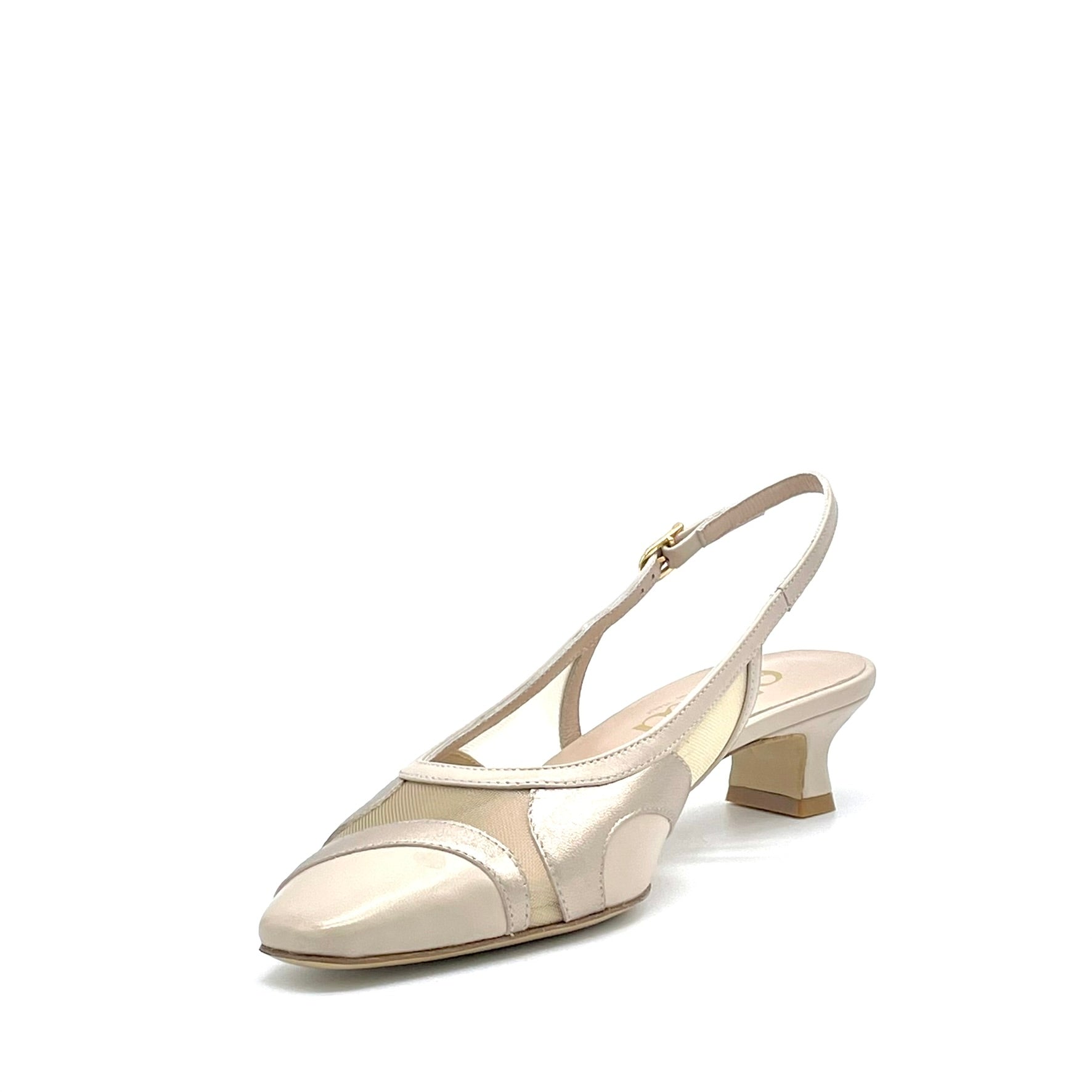 Slingback in pelle color sabbia e pelle laminata champagne con inserti in rete – Cod.16163