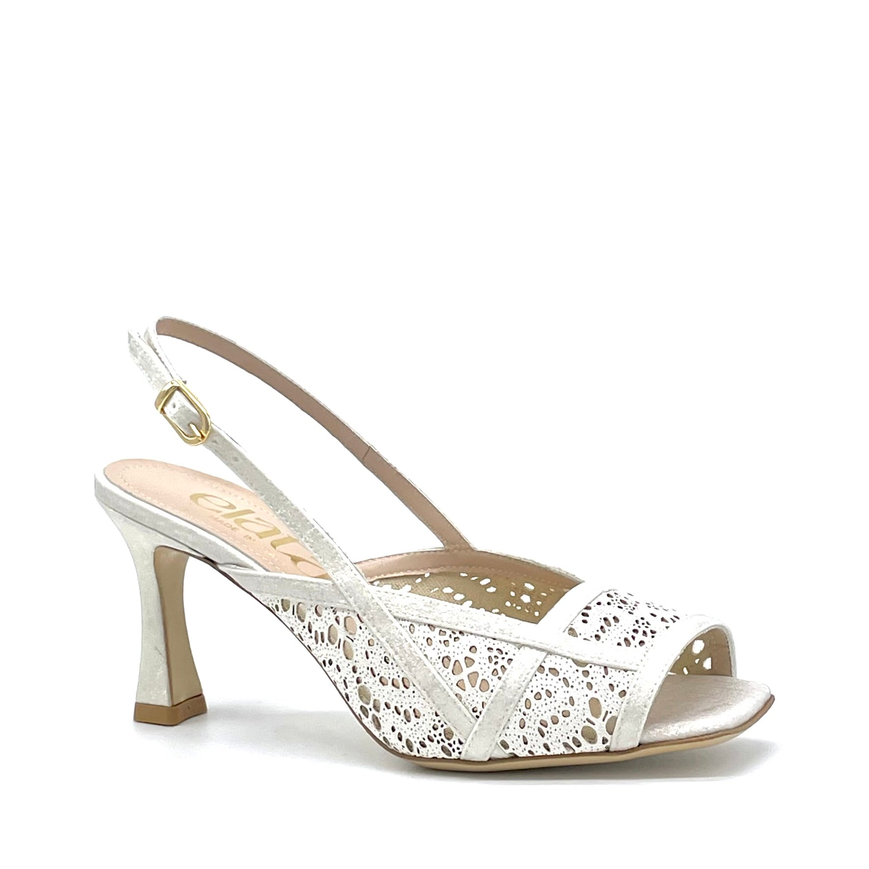 Sandalo in pelle laserata bianca su rete e inserti in ciniglia satinata dorata – Cod. 16113