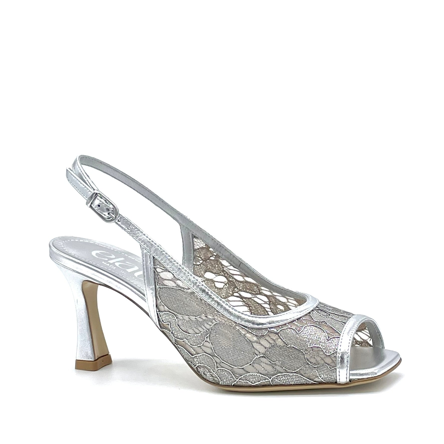 Sandalo in rete di pizzo e inserti in pelle laminata argento  – Cod. 16115