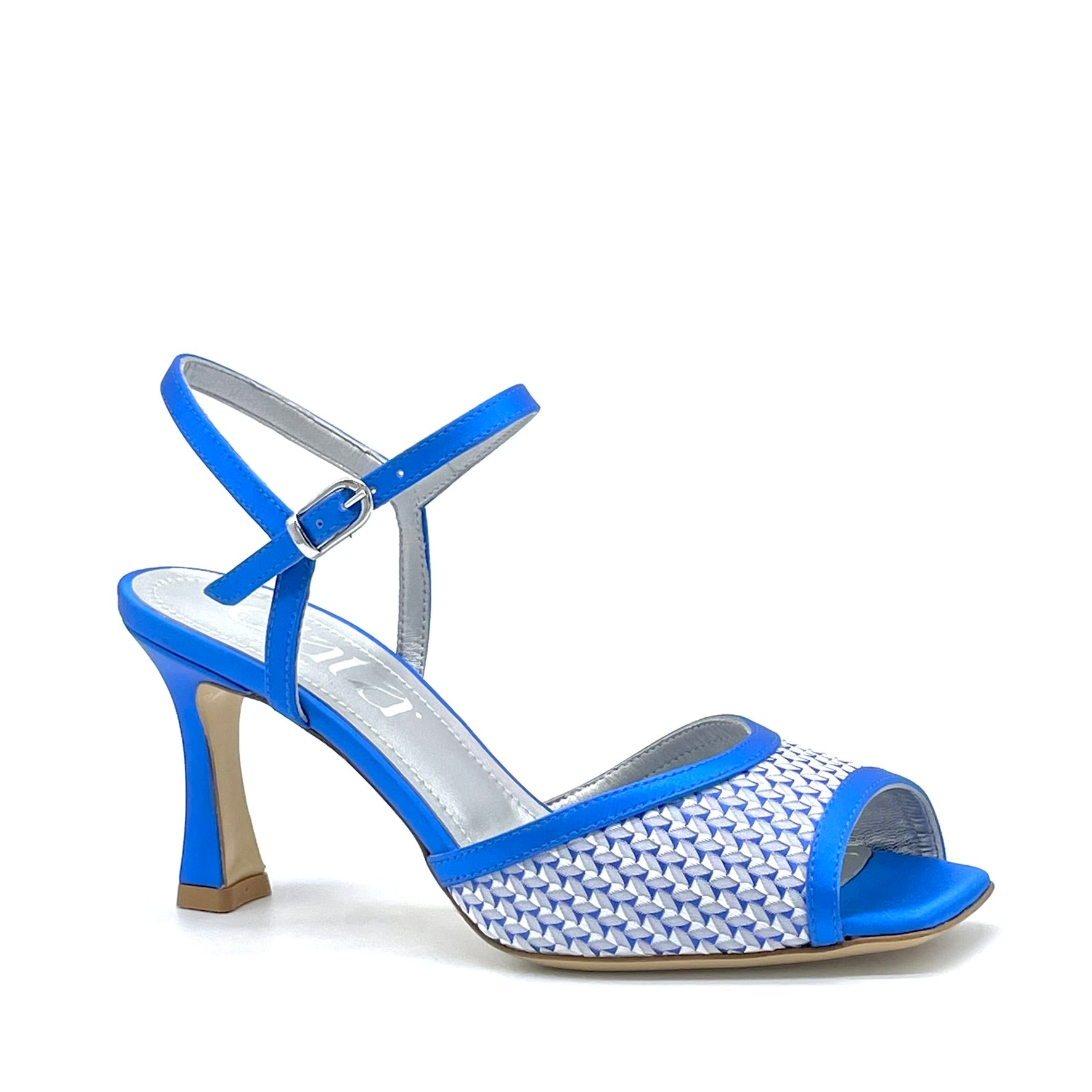 Sandalo in raso di seta e tessuto fantasia bluette – Cod. 16116