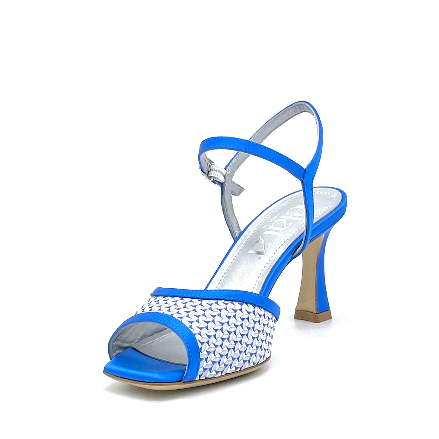 Sandalo in raso di seta e tessuto fantasia bluette – Cod. 16116