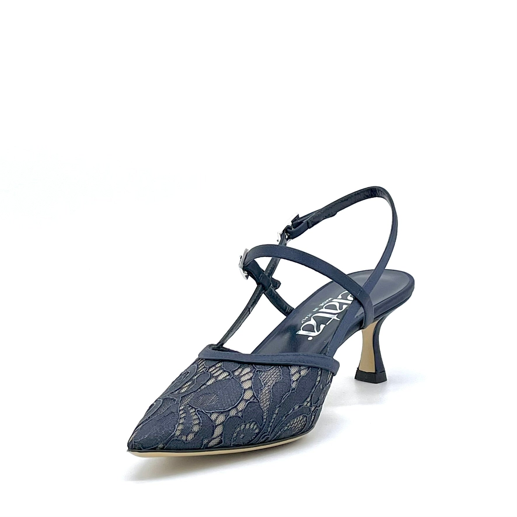 Slingback in rete di pizzo e inserti raso di seta blu  – Cod. 16141