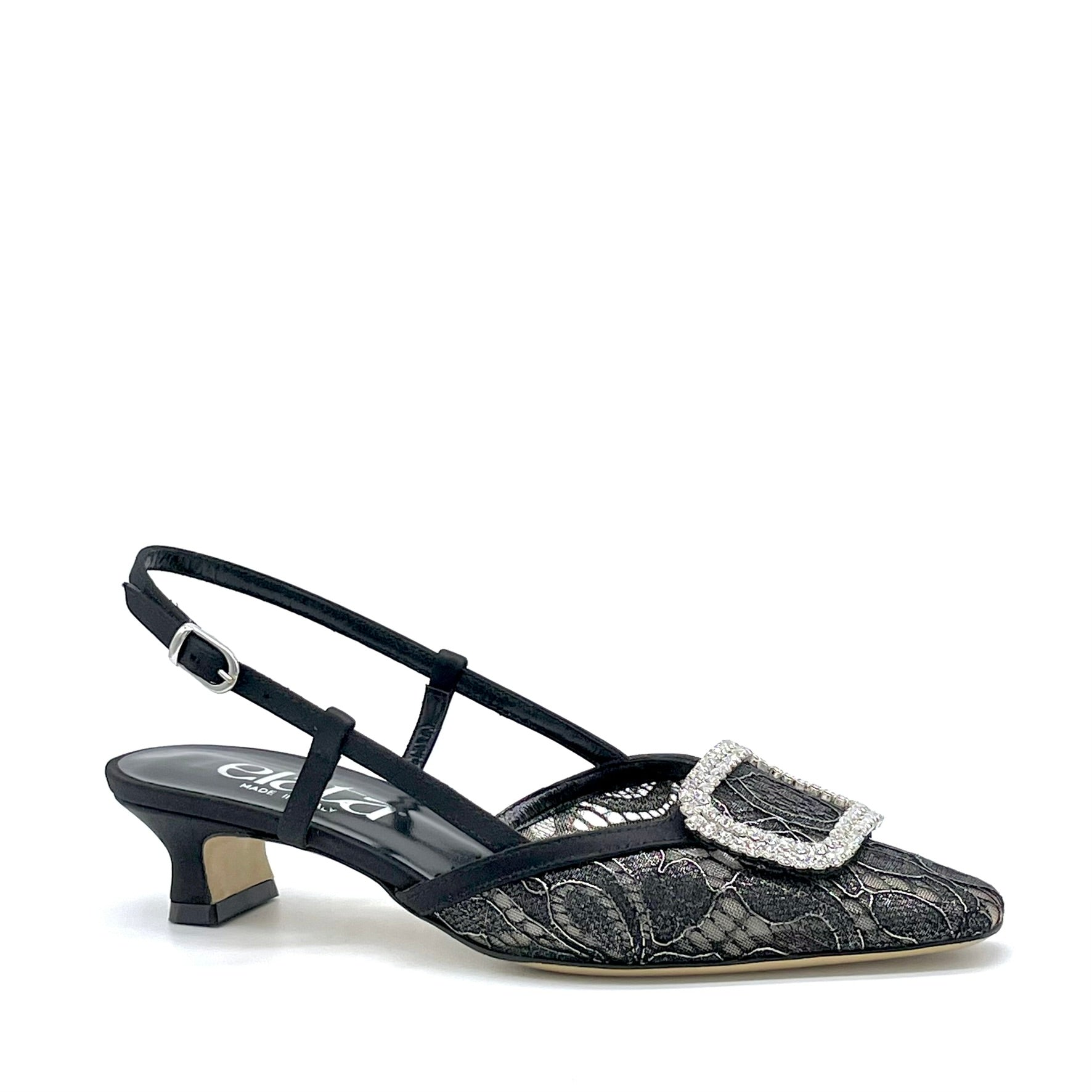 Slingback in rete di pizzo e inserti in raso di seta nero con fibbia gioiello  – Cod. 16162