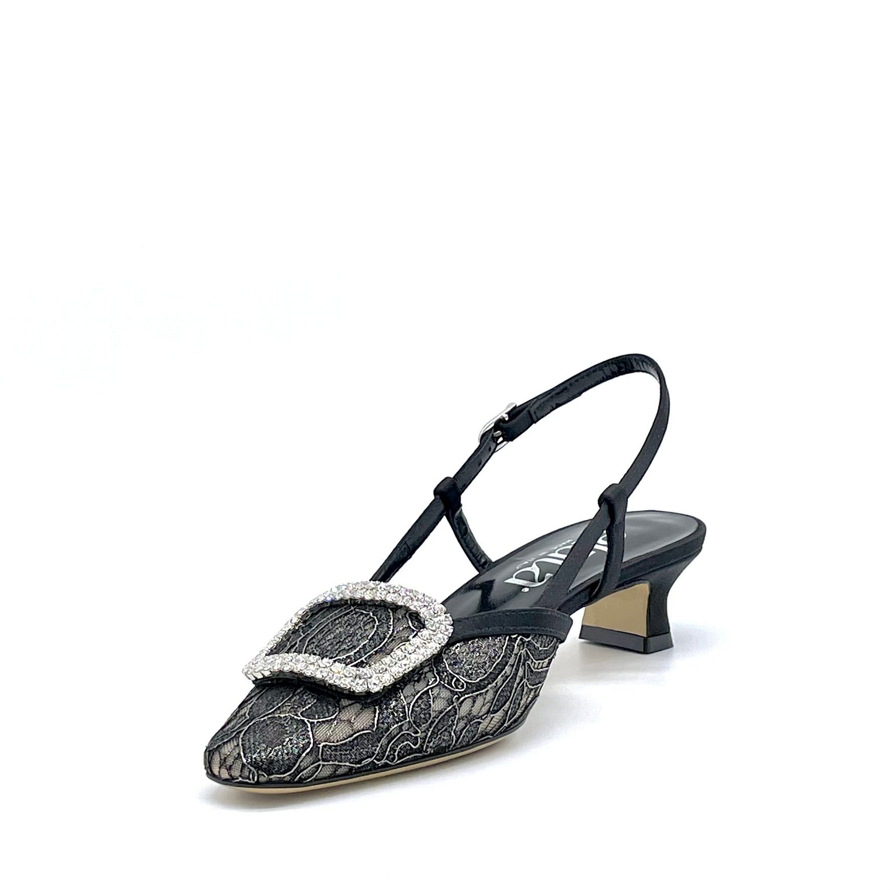 Slingback in rete di pizzo e inserti in raso di seta nero con fibbia gioiello  – Cod. 16162