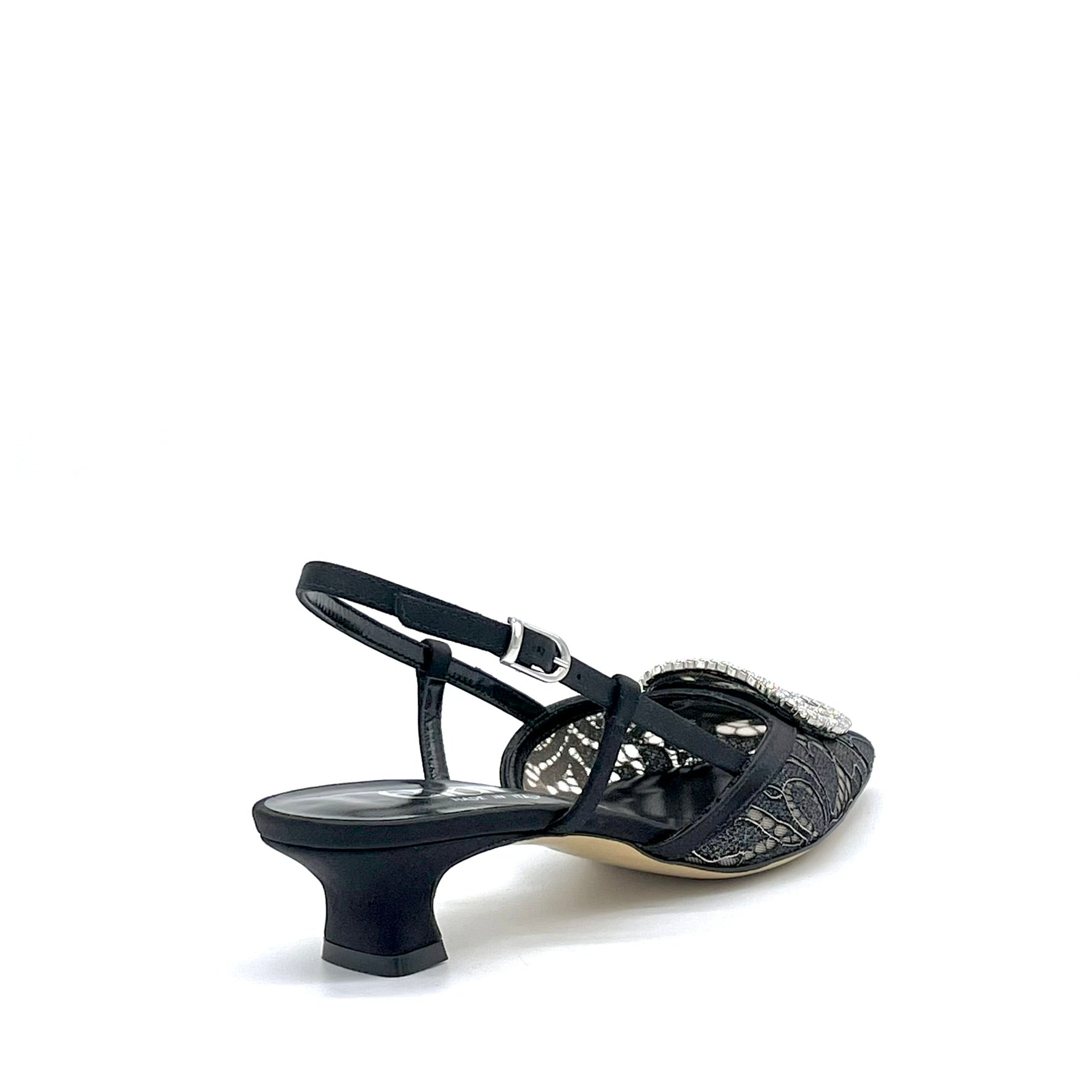 Slingback in rete di pizzo e inserti in raso di seta nero con fibbia gioiello  – Cod. 16162