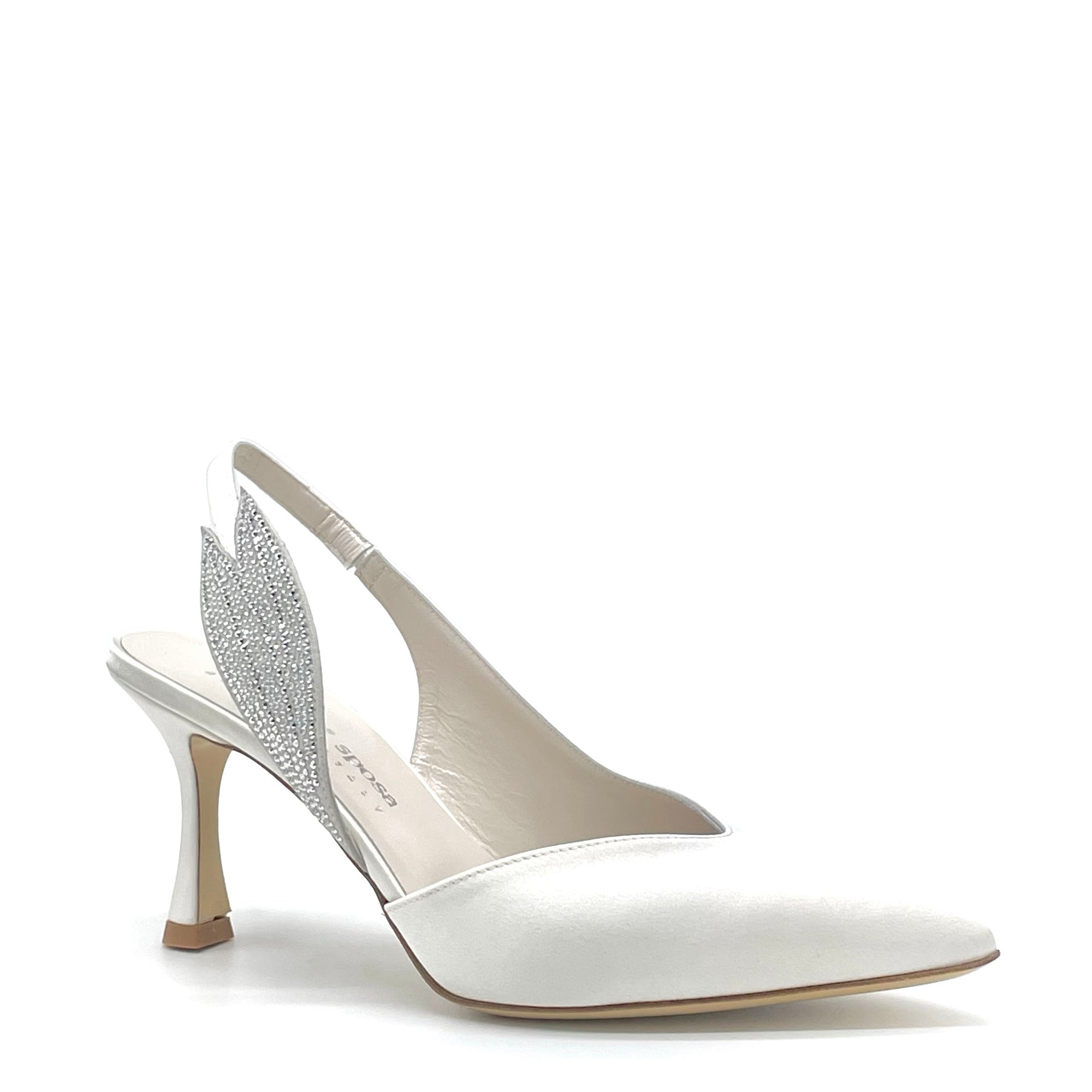 Slingback in raso di seta bianco e applicazione di strass – Cod.S2633