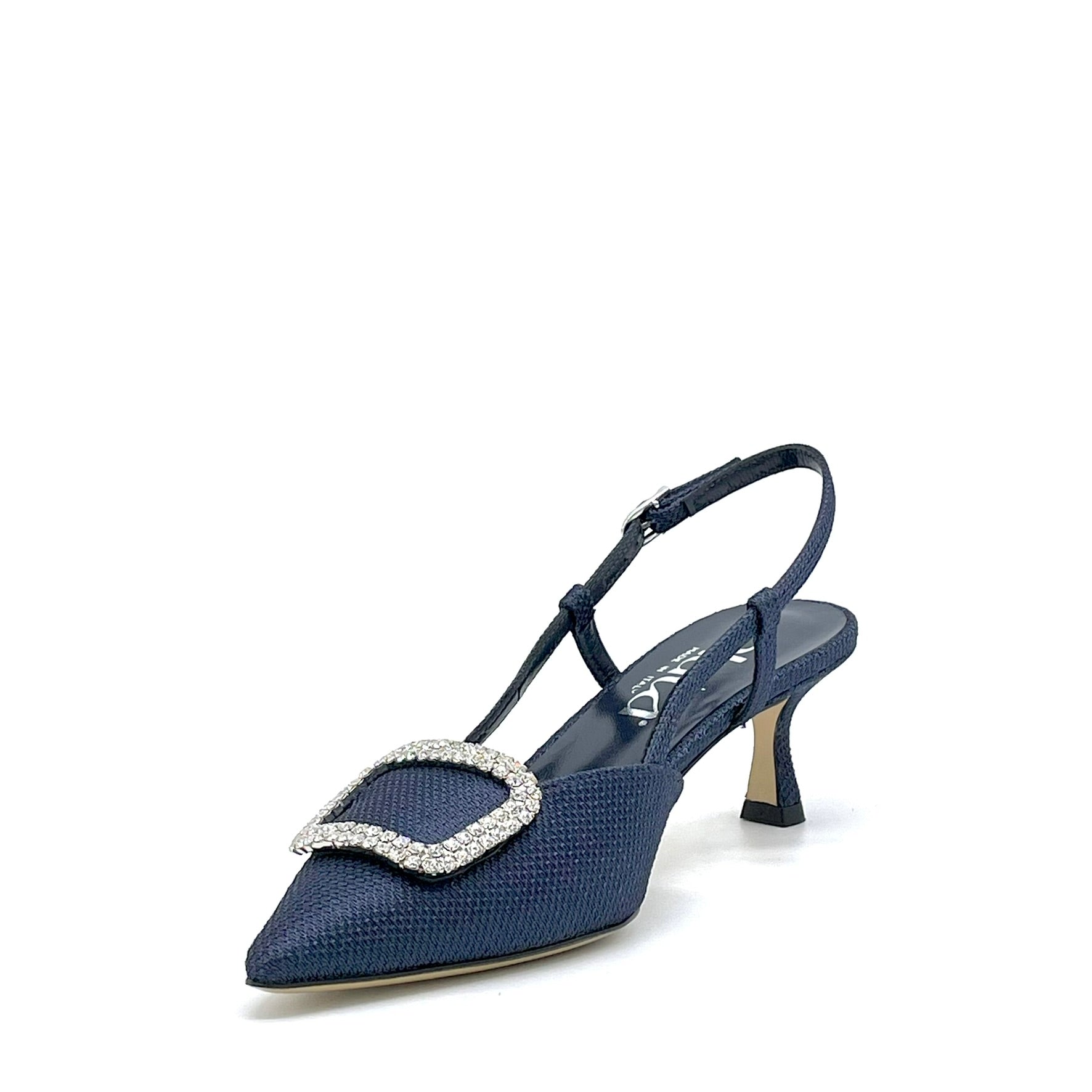Slingback in tessuto piqué blu e fibbia gioiello – Cod.16139