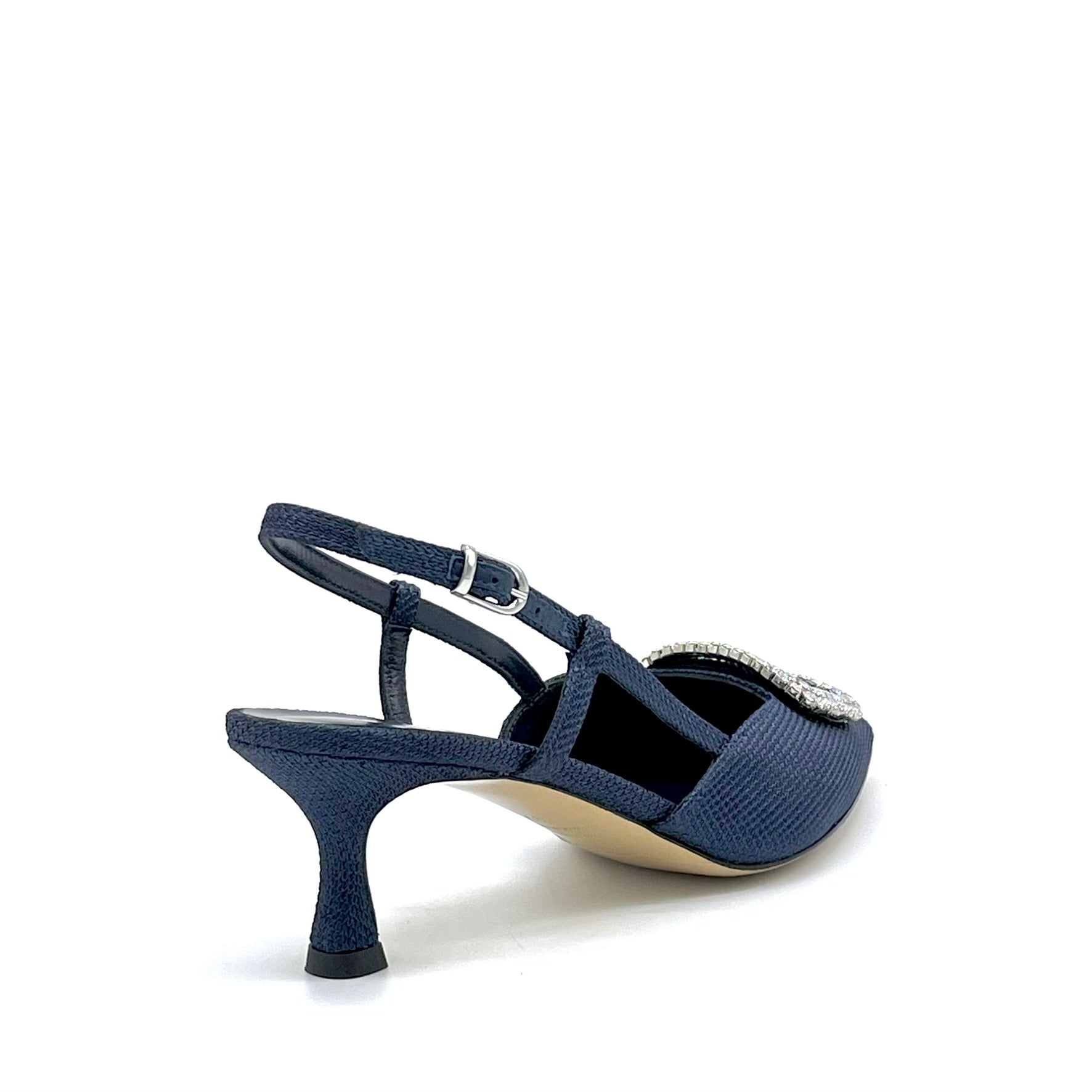 Slingback in tessuto piqué blu e fibbia gioiello – Cod.16139