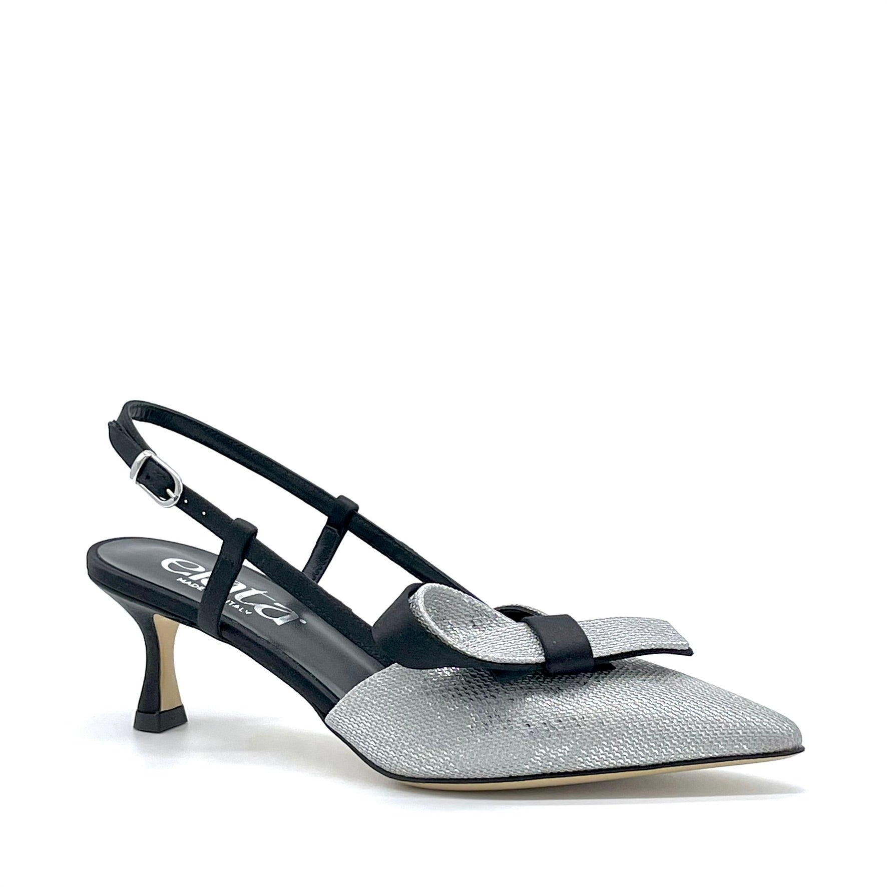 Slingback in raso di seta nero e tessuto laminato argento – Cod.16143