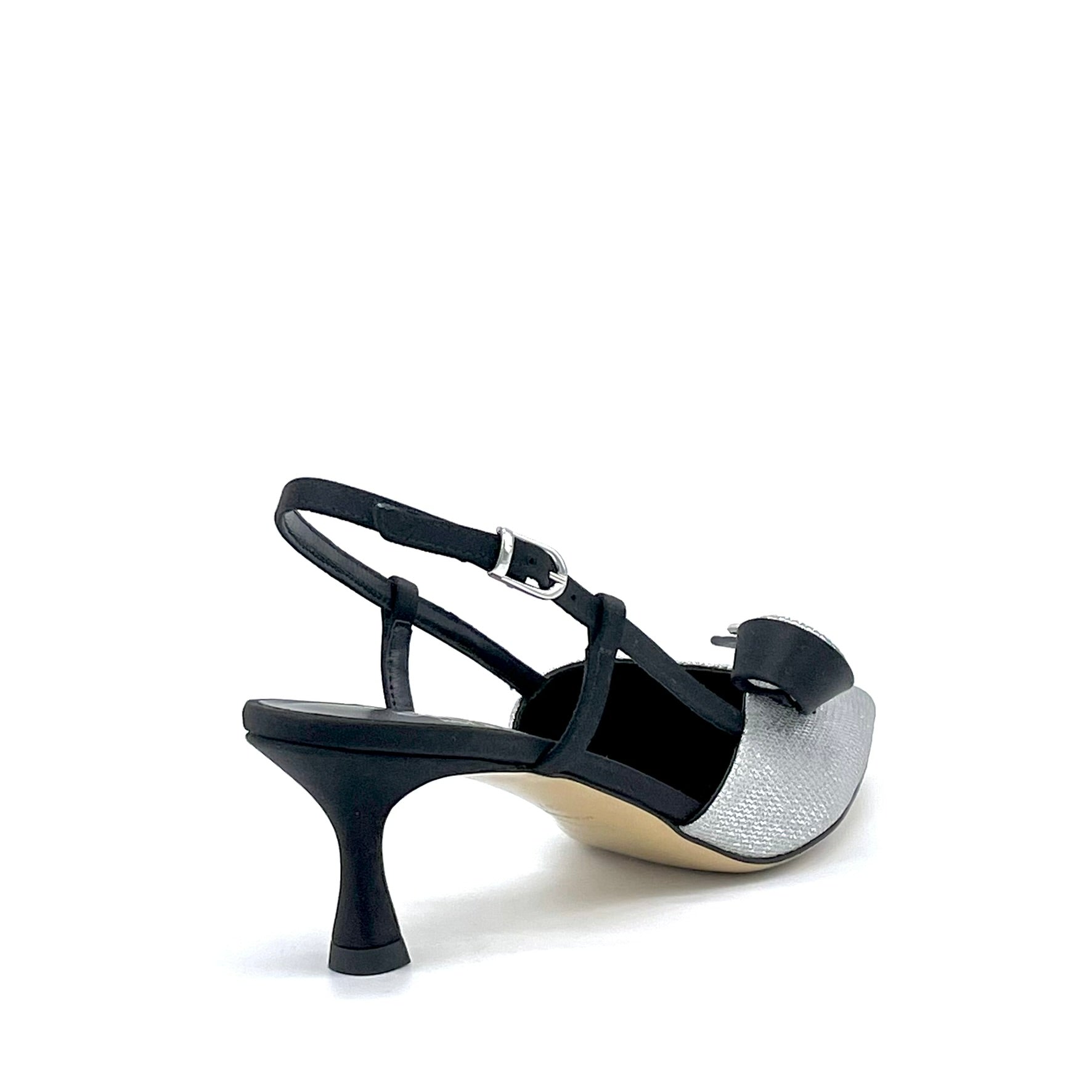 Slingback in raso di seta nero e tessuto laminato argento – Cod.16143