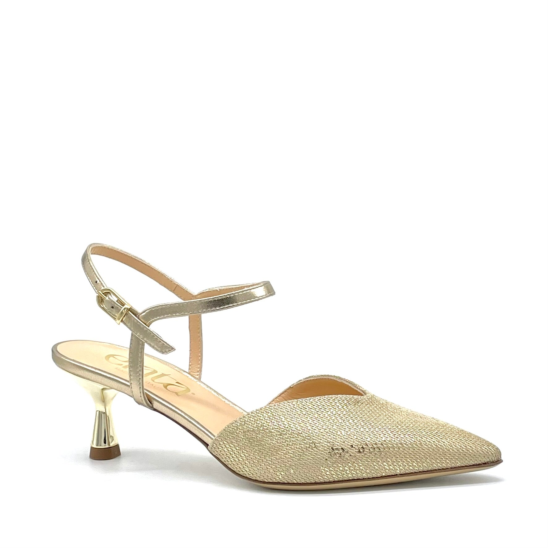 Slingback in pelle e tessuto laminato oro con cinturino alla caviglia – Cod. 16144