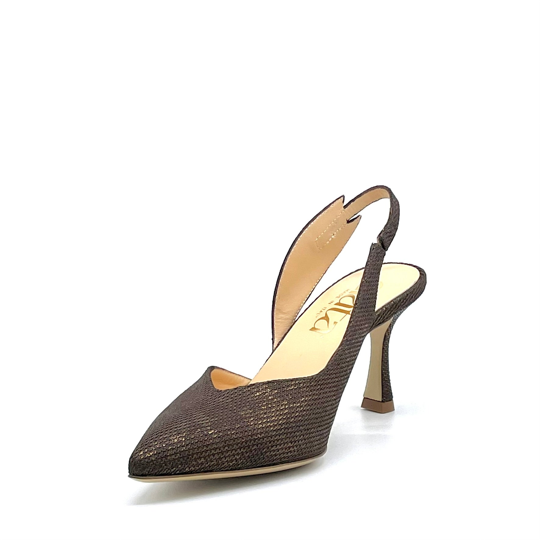 Slingback in tessuto laminato marrone e applicazione di strass – Cod. 16150