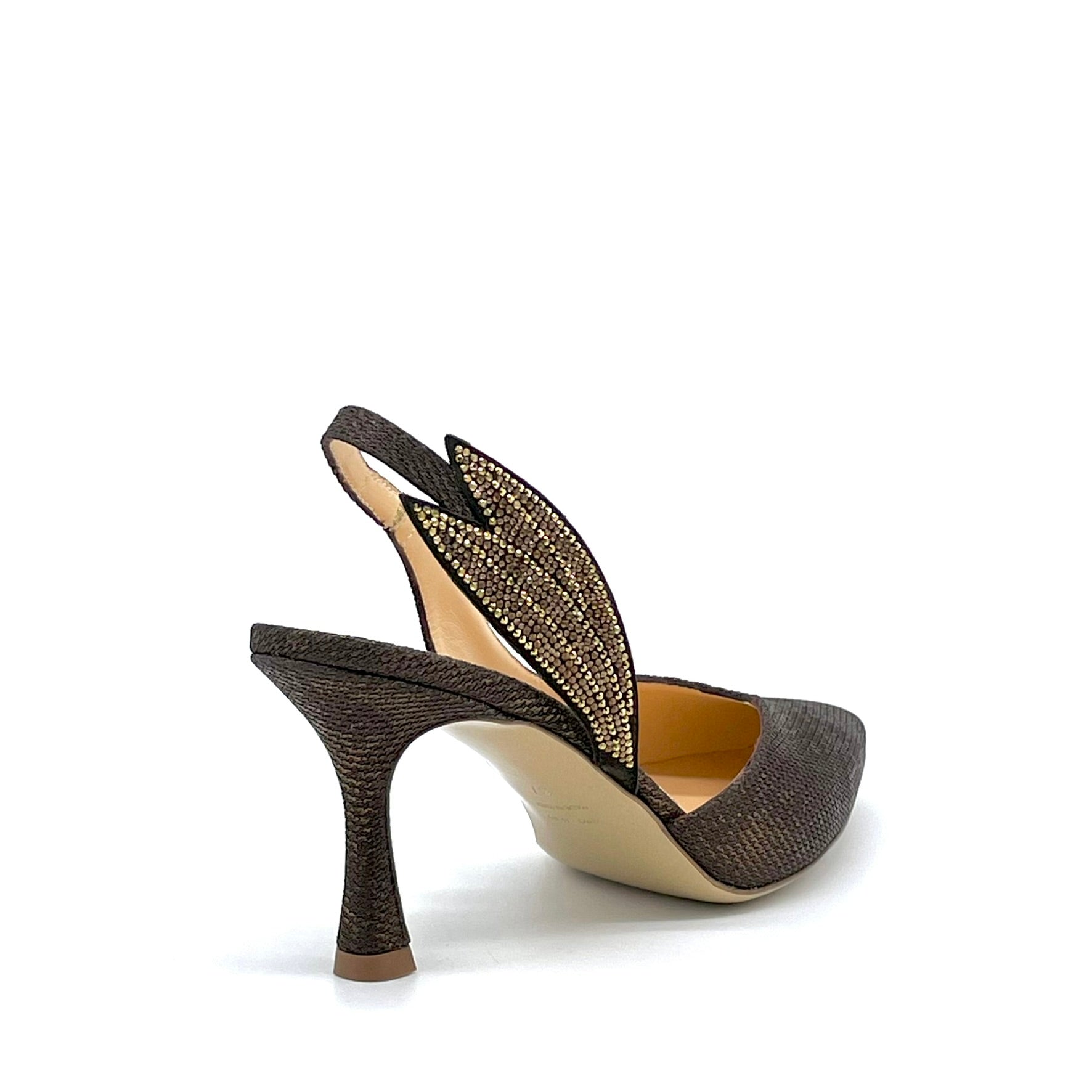 Slingback in tessuto laminato marrone e applicazione di strass – Cod. 16150