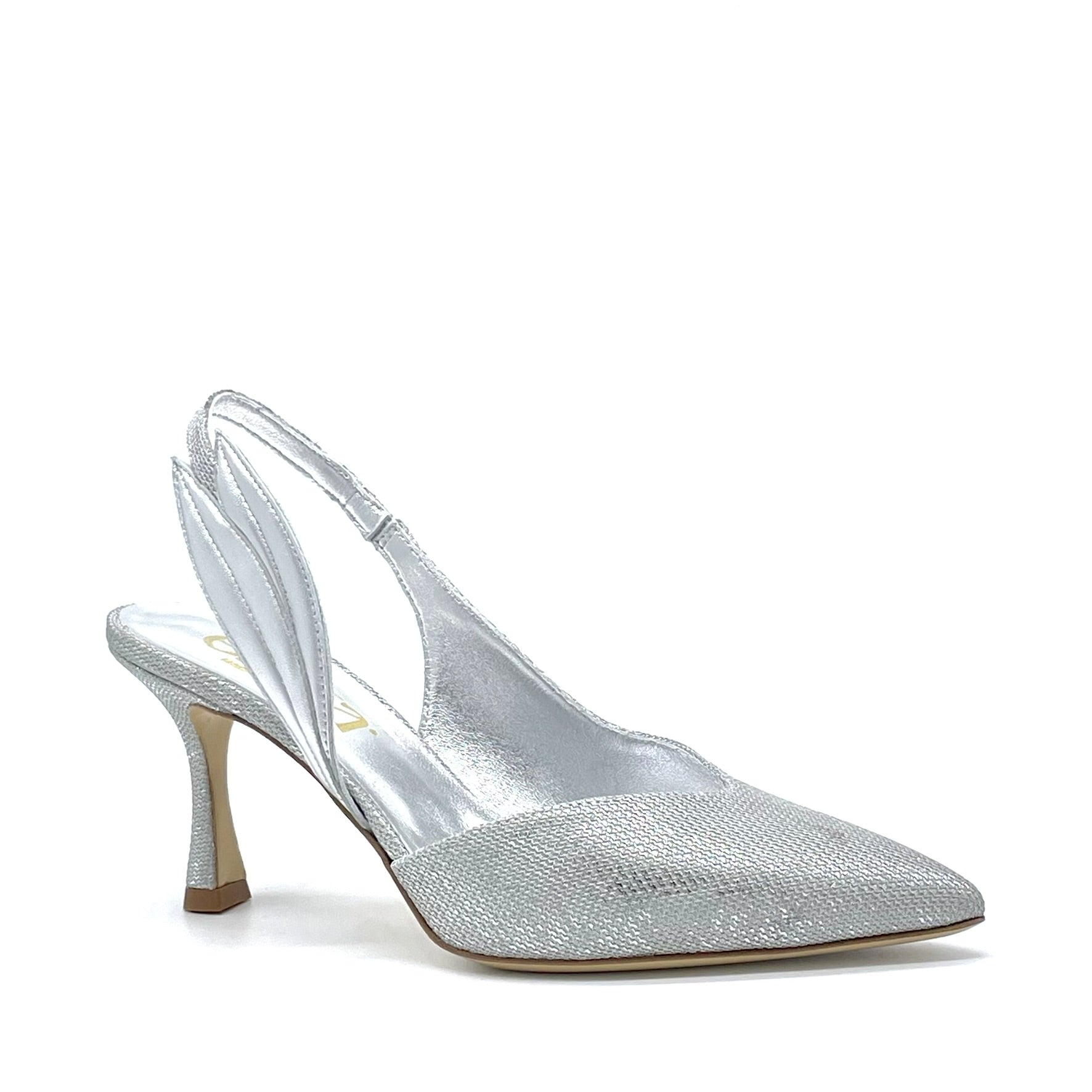 Slingback in tessuto e pelle laminata argento – Cod.16151