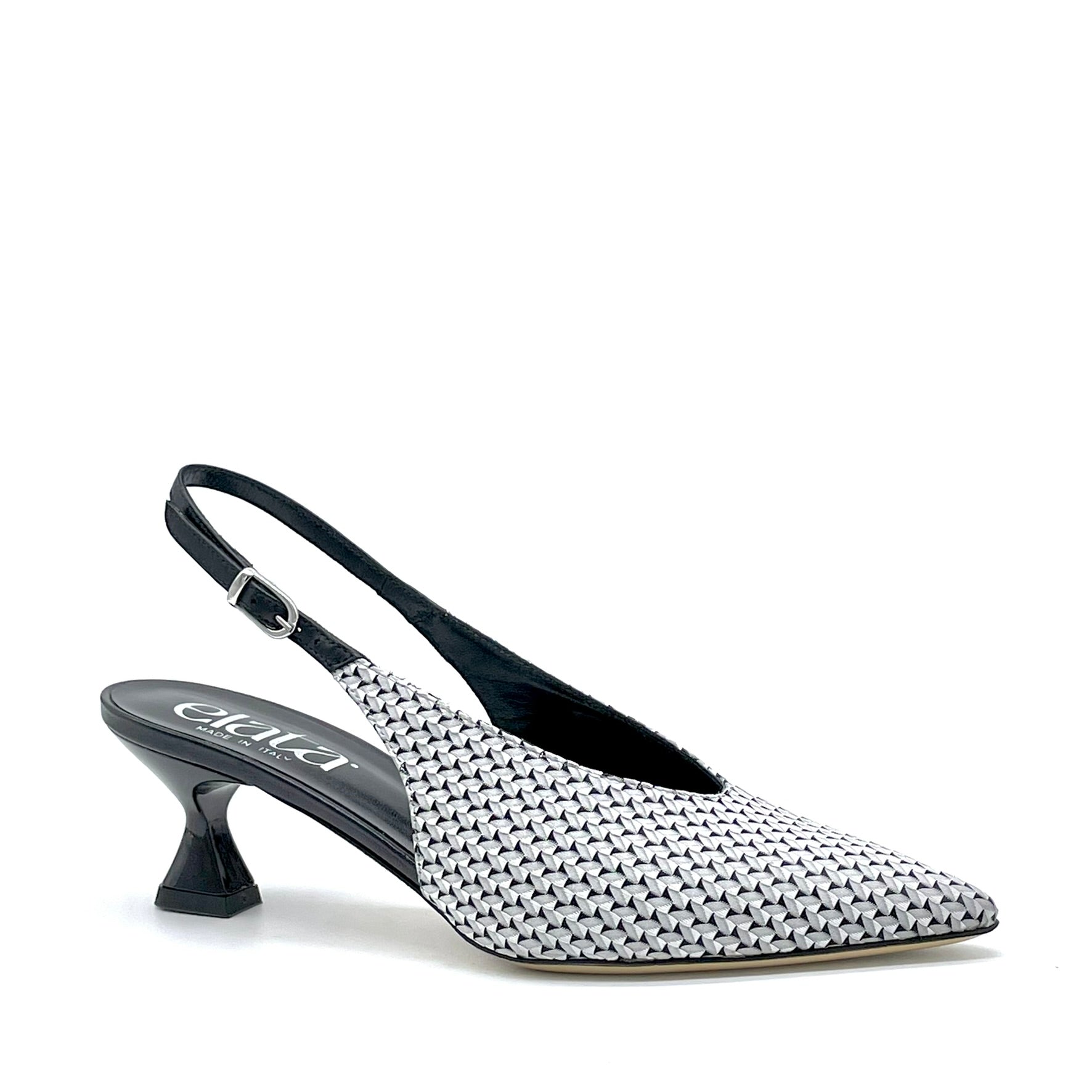 Black and white patterned fabric and black leather slingback – Cod. 16155