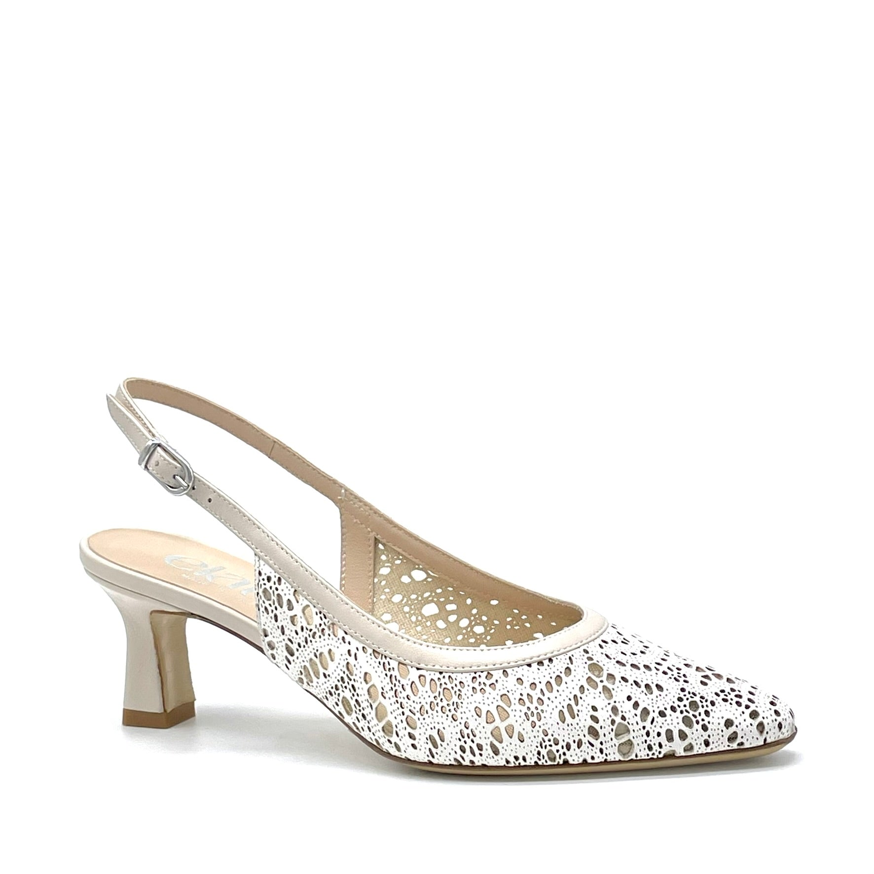 Slingback in pelle laserata bianca e pelle bianca latte – Cod. 16166