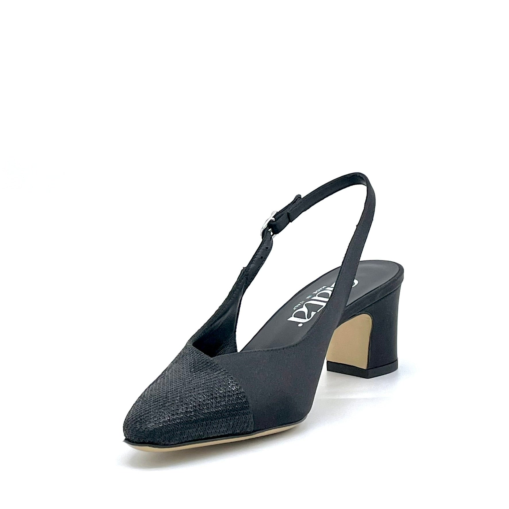 Slingback in tessuto piqué e raso di seta nero - Cod. 16171