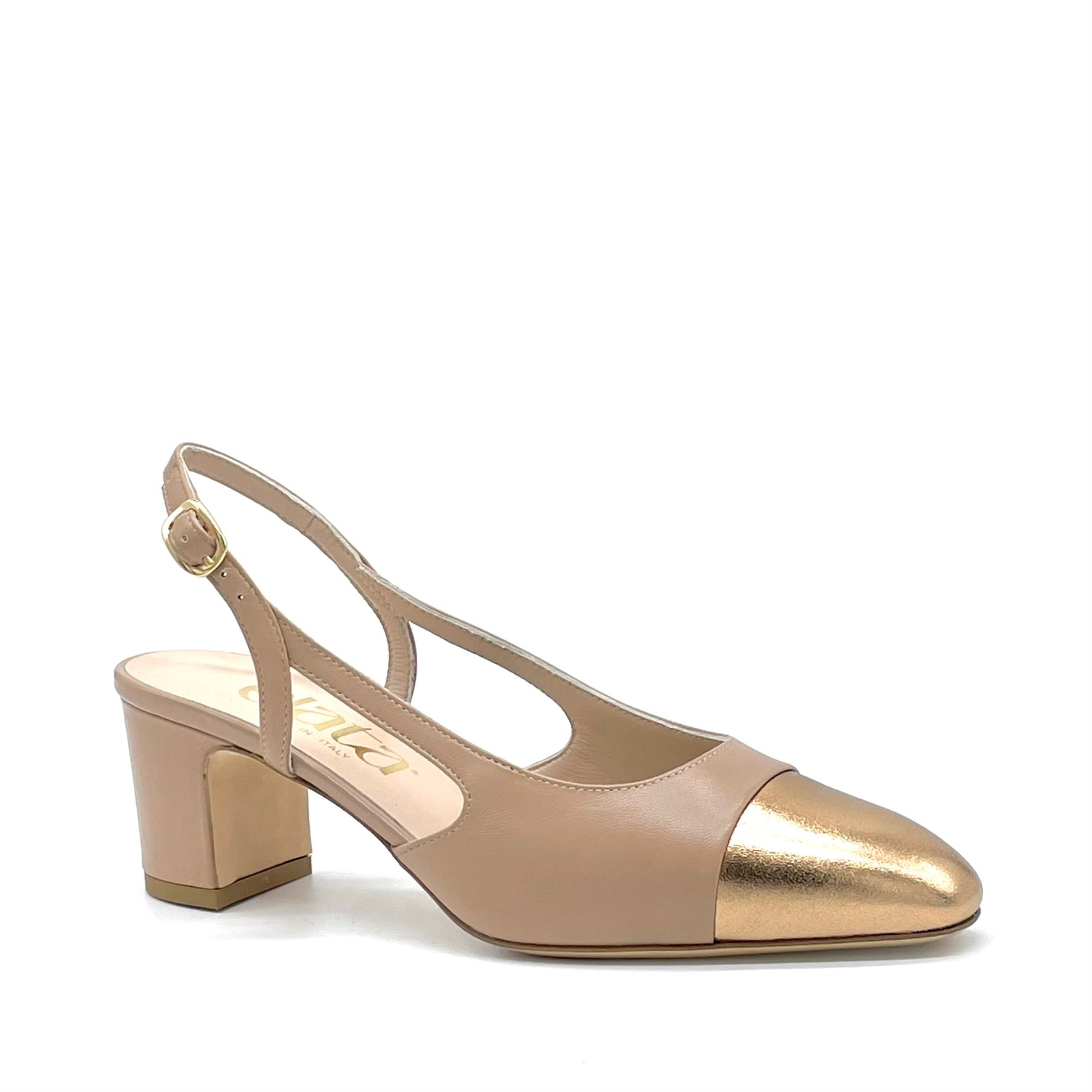 Slingback in pelle color cannella e pelle laminata rame – Cod. 16174