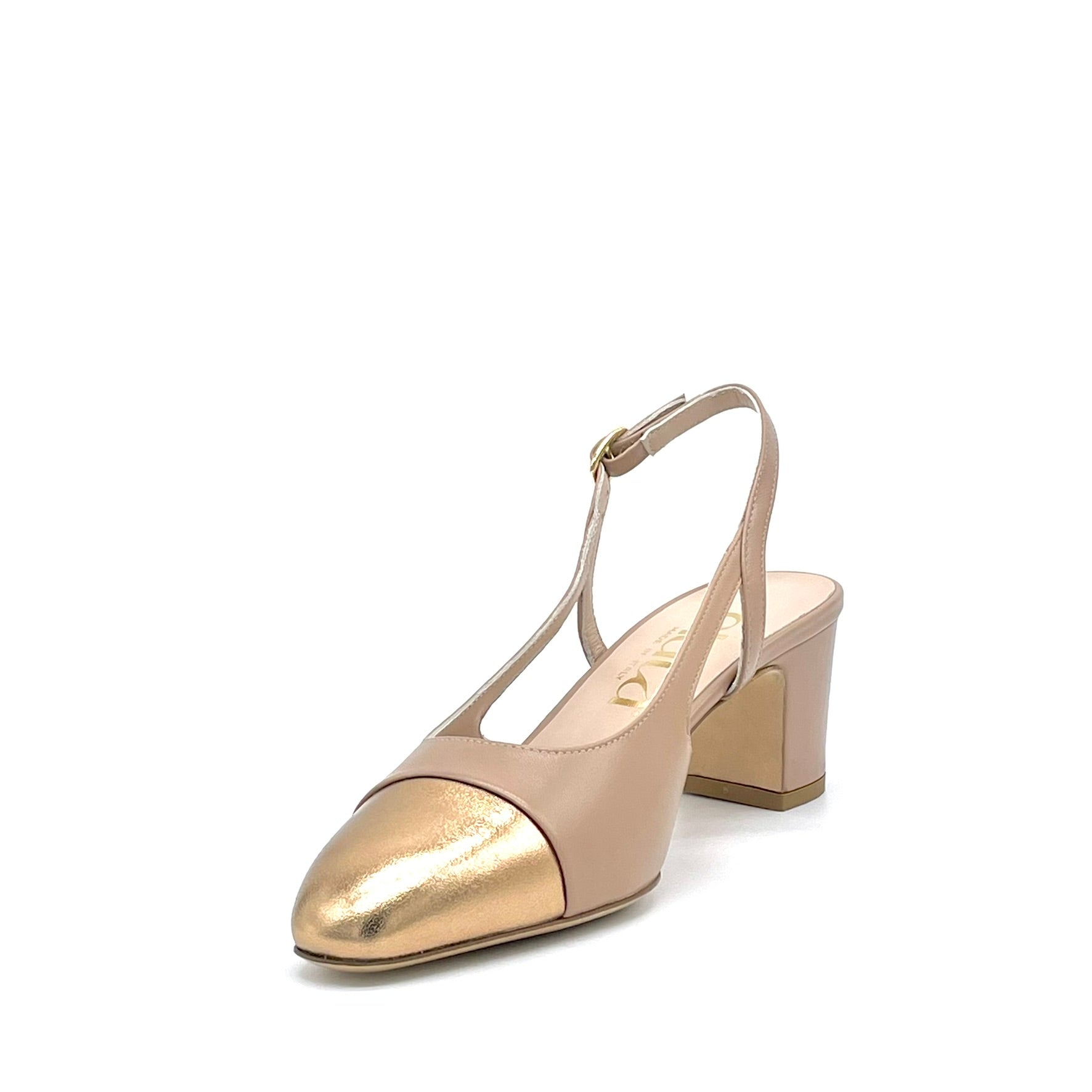 Slingback in pelle color cannella e pelle laminata rame – Cod. 16174