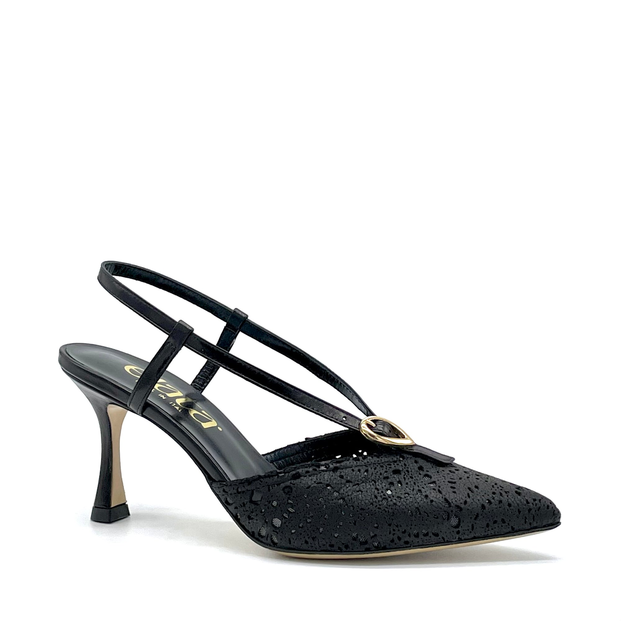 Slingback in pelle laserata nera con inserti in pelle nera – Cod.16175