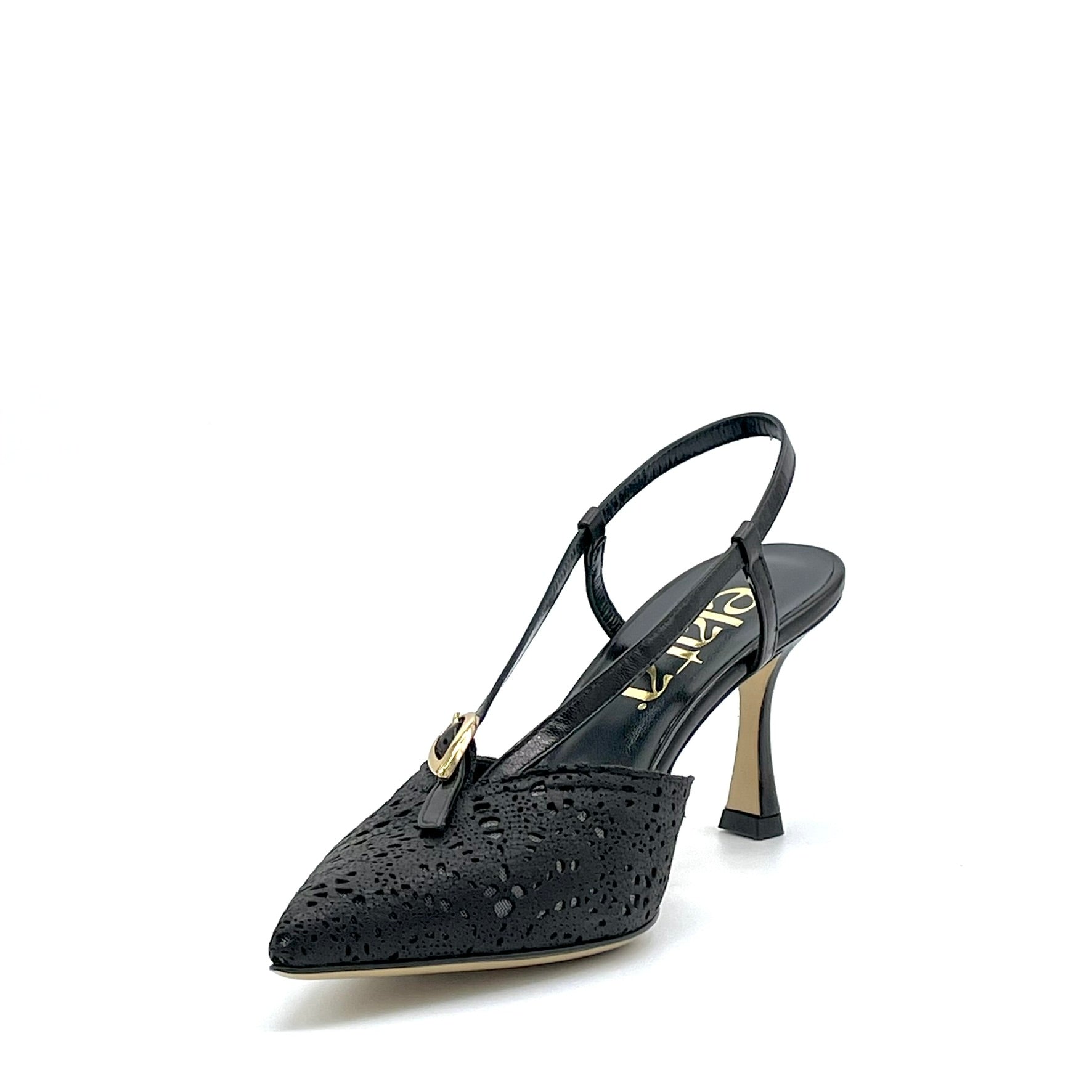 Slingback in pelle laserata nera con inserti in pelle nera – Cod.16175
