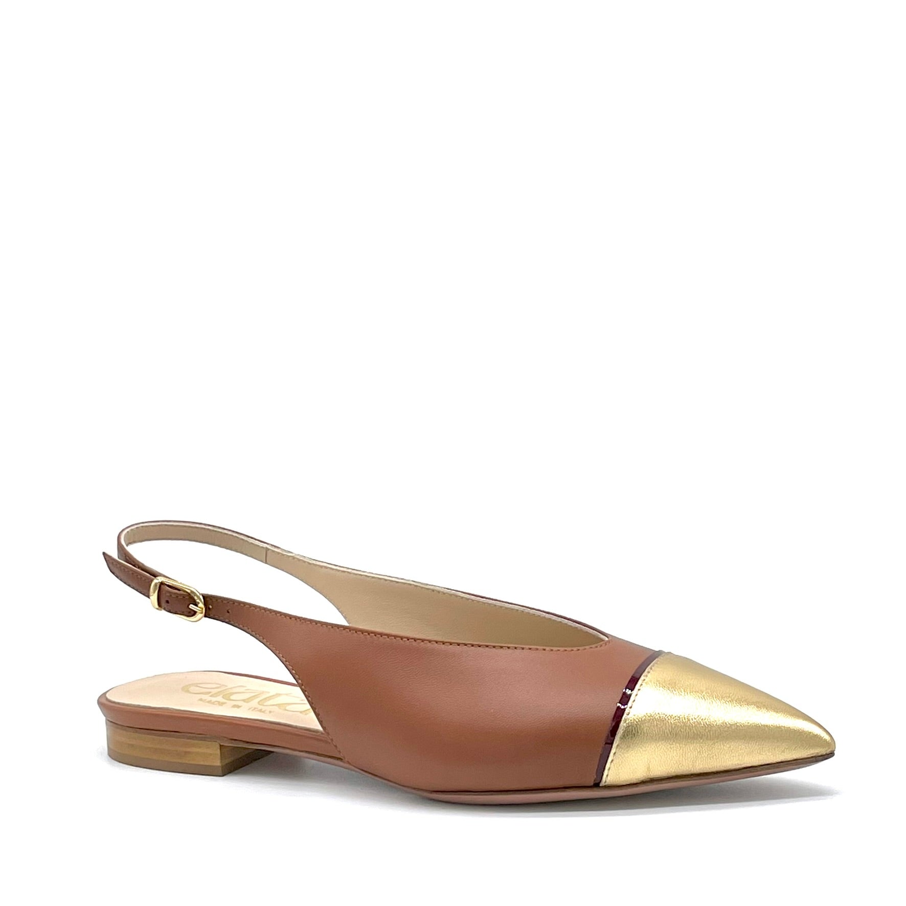 Slingback in pelle marroncino, inserto in vernice nera e pelle laminata oro – Cod. 26206