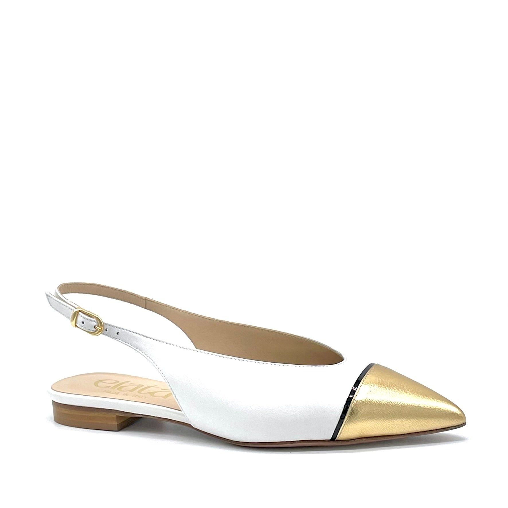 Slingback in pelle bianca, inserto in vernice nera e pelle laminata oro – Cod. 26206-1