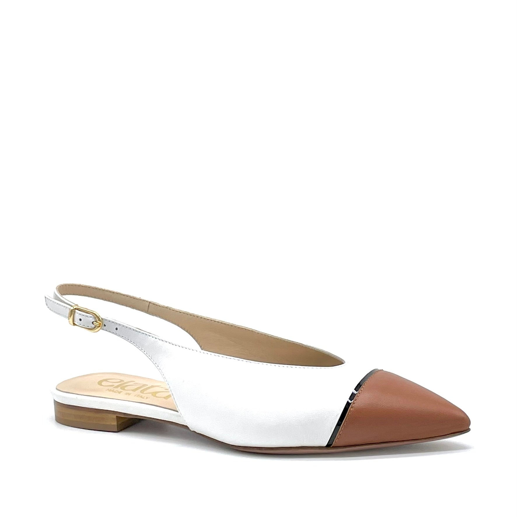 Slingback in pelle bianca, inserto in vernice nera e pelle marroncino – Cod. 26206-2