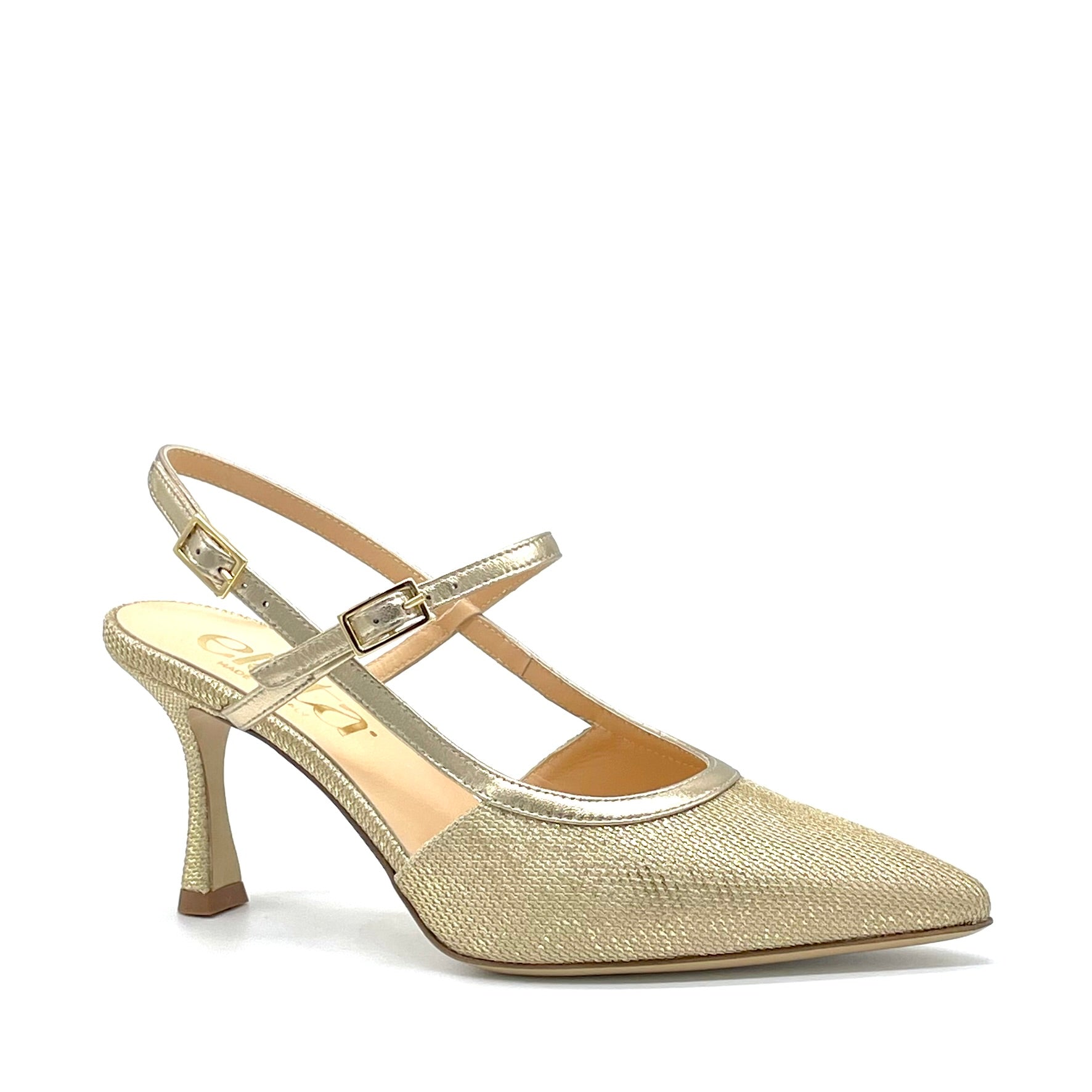 Slingback in tessuto e pelle laminata oro – Cod. 16149