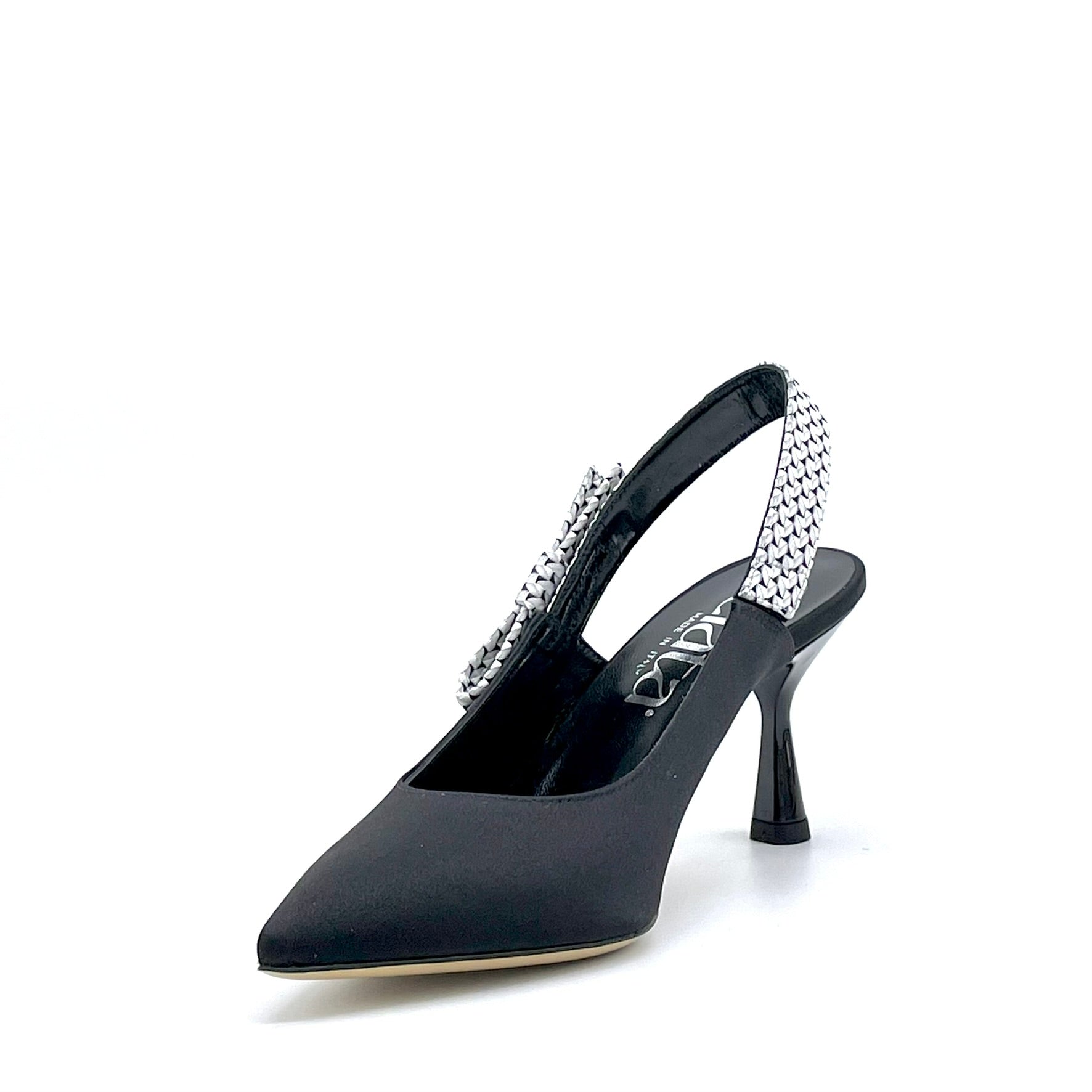 Slingback in raso di seta nero e tessuto fantasia bianco e nero – Cod. 16147
