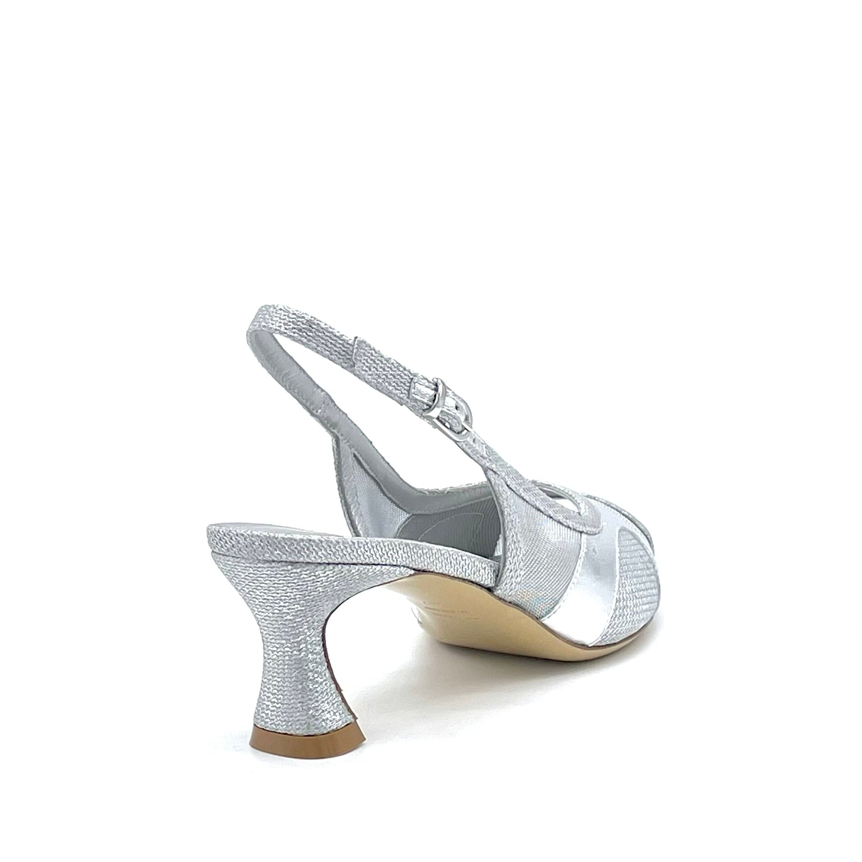 Open toe in tessuto e pelle laminata argento con inserti in rete – Cod. 16104
