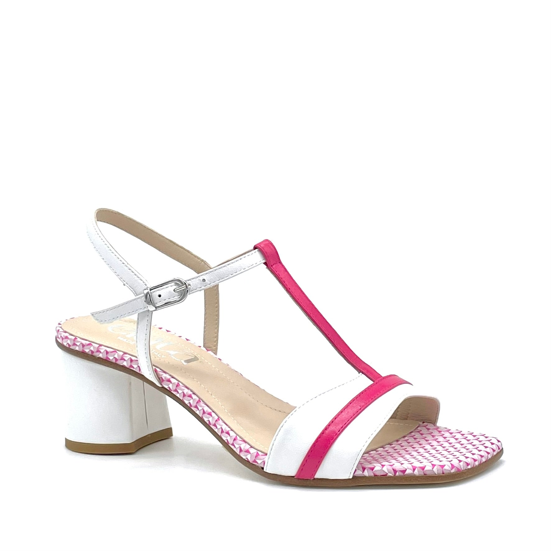 Sandalo in pelle bianca e fucsia con tessuto fantasia fucsia  – Cod. 16137
