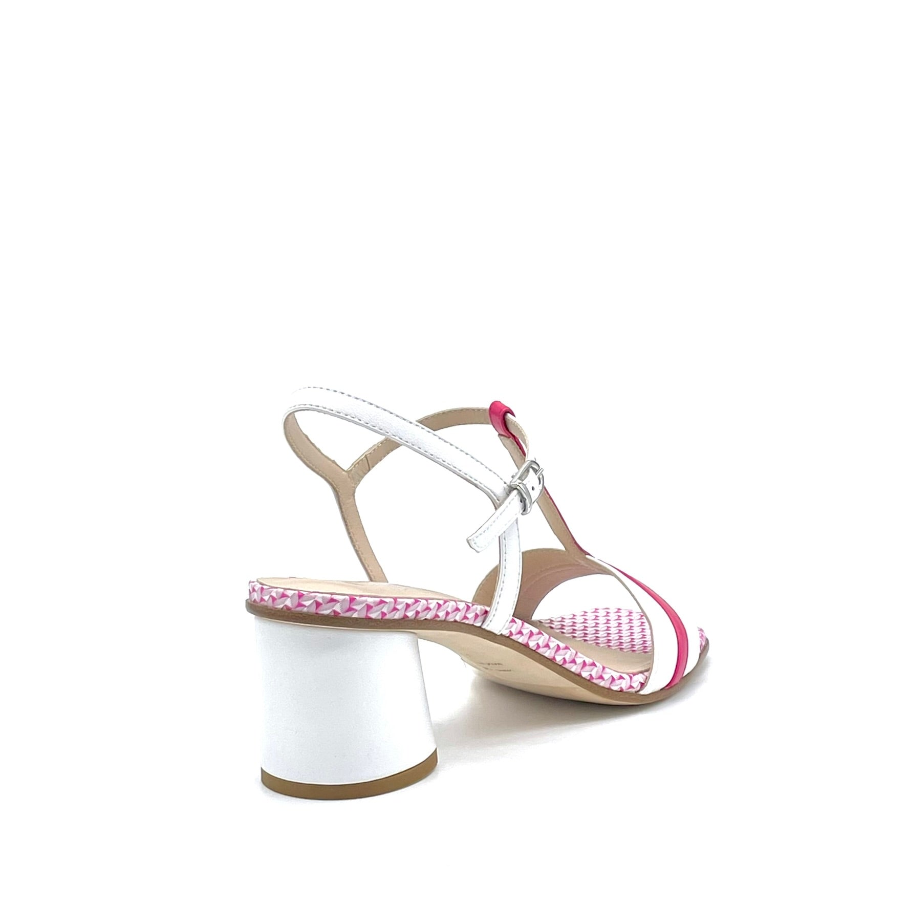 Sandalo in pelle bianca e fucsia con tessuto fantasia fucsia  – Cod. 16137