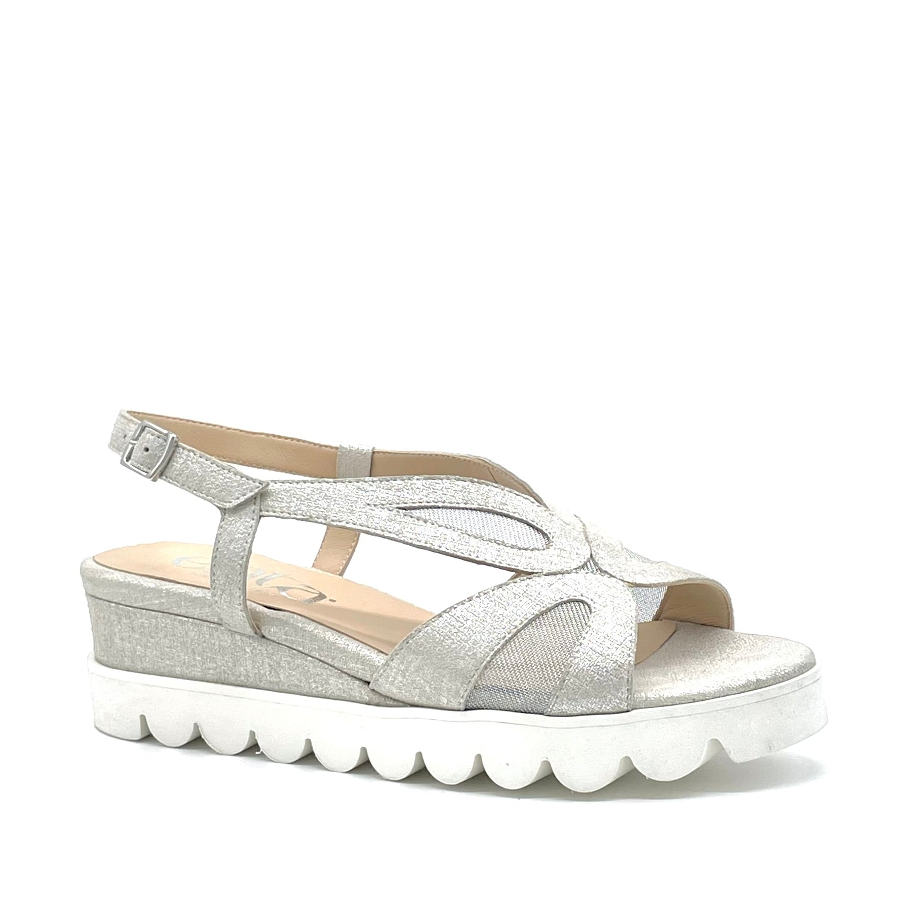 Silver laminated suede sandal with mesh inserts – Cod.26202
