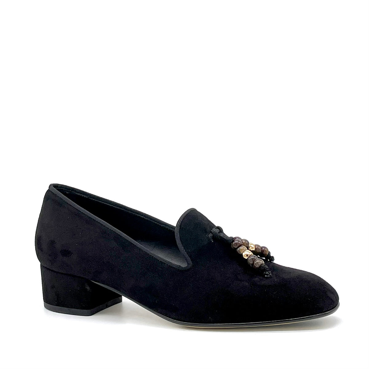 Black suede moccasin with grosgrain ribbon and beaded accessory – Cod.56527