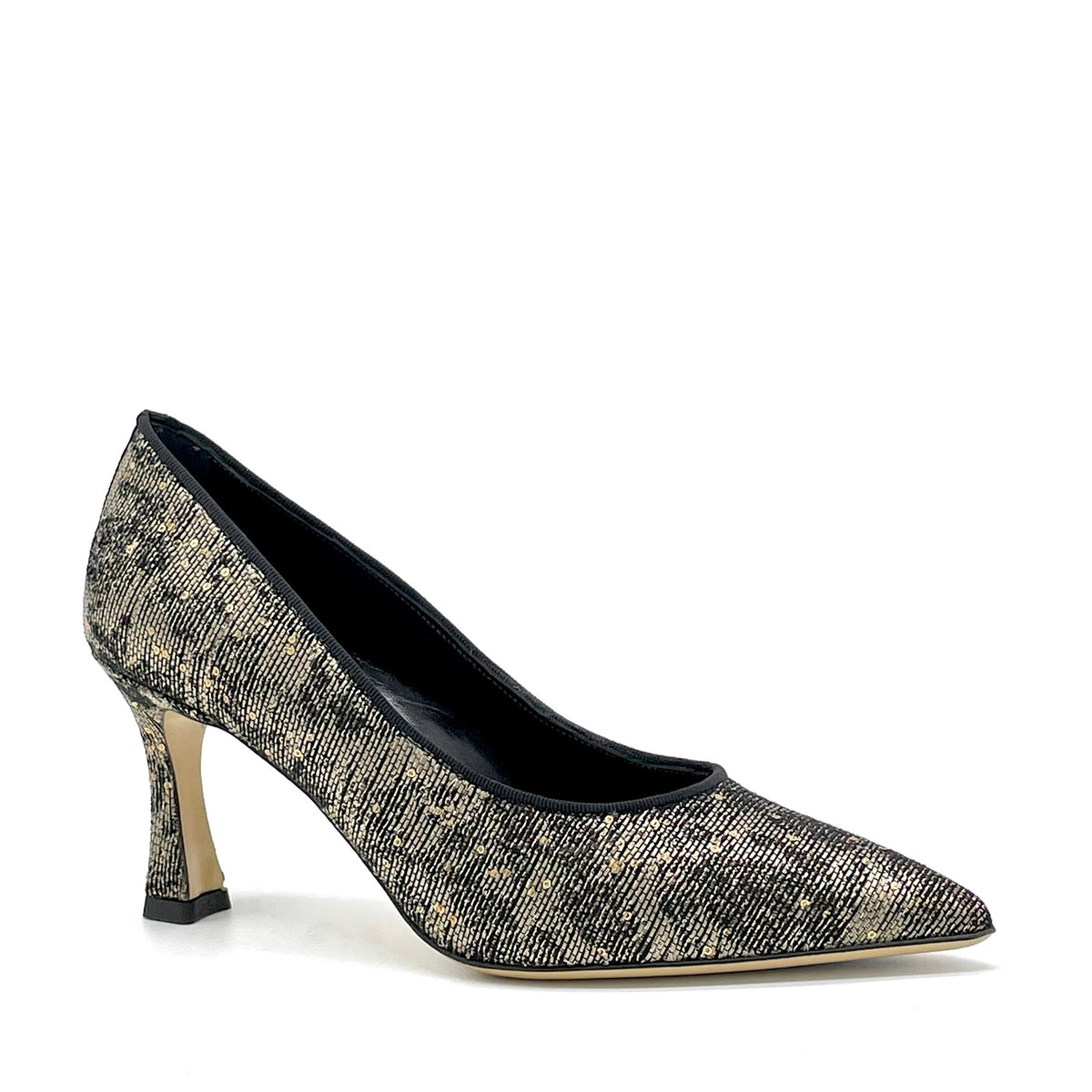Gold paillettes laminated fabric pump with black grosgrain ribbon – Cod.56501
