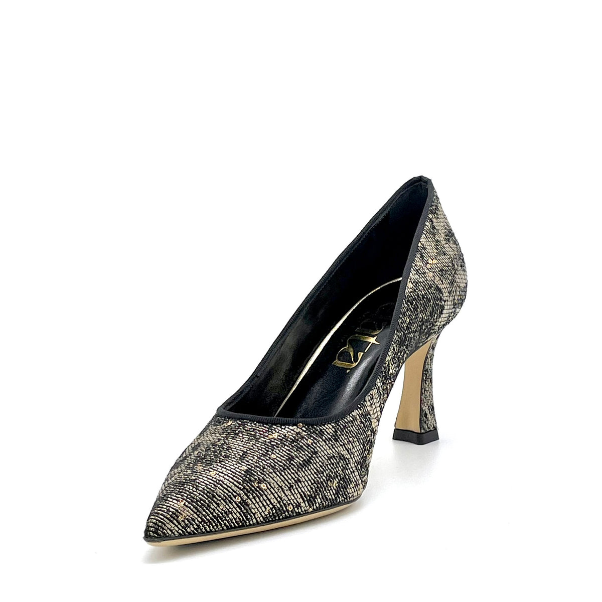 Gold paillettes laminated fabric pump with black grosgrain ribbon – Cod.56501