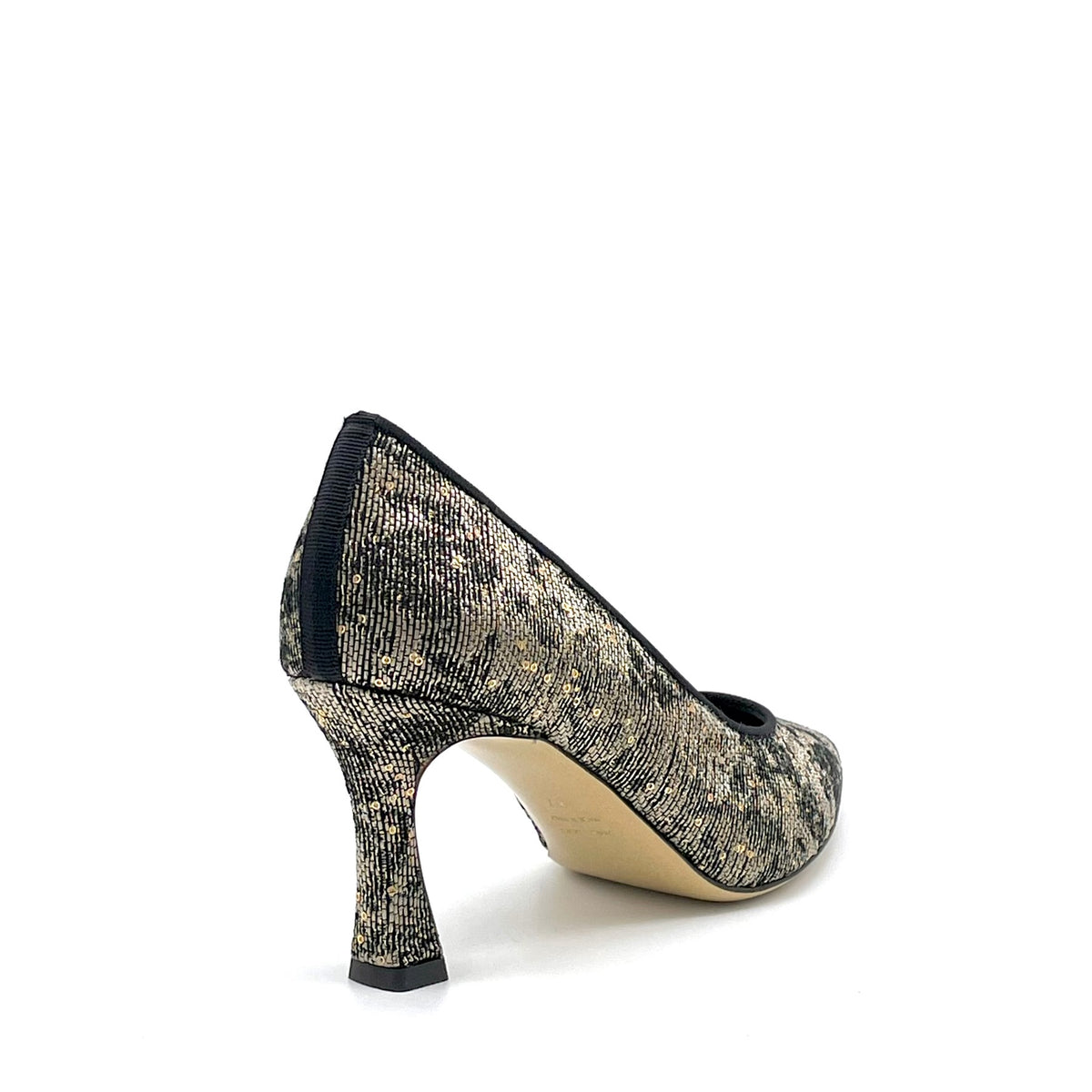 Gold paillettes laminated fabric pump with black grosgrain ribbon – Cod.56501