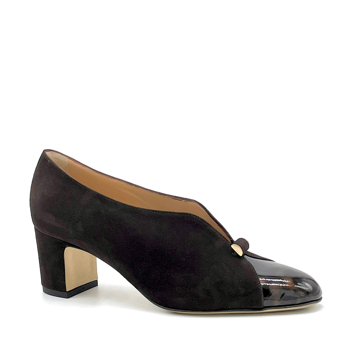 Scarpa accollata in camoscio marrone e vernice effetto tartarugato  e accessorio oro – Cod. 56523