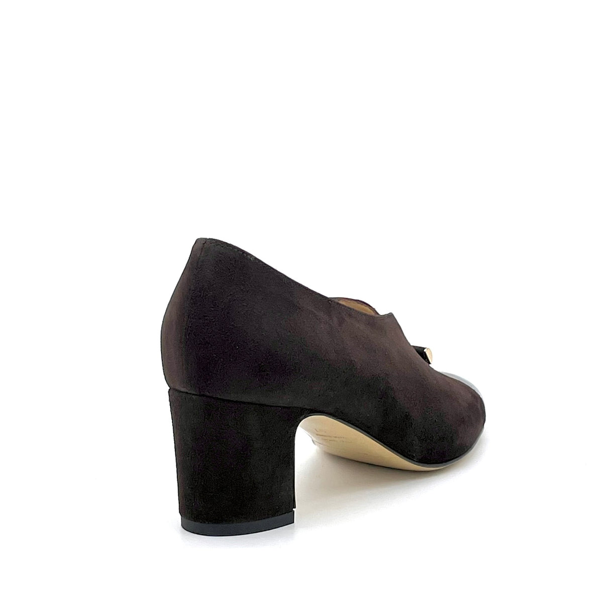 Brown suede and horn effect patent pump and gold accessory – Cod. 56523